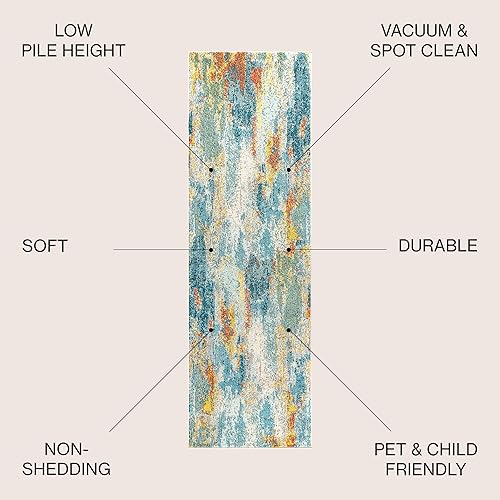 Miniatura 2 de JONATHAN Y CTP106B-28 - Alfombra de pasillo contemporánea POP moderna abstracta vintage estilo cascada azulcremaamarillo de 2 pies x 8 pies,