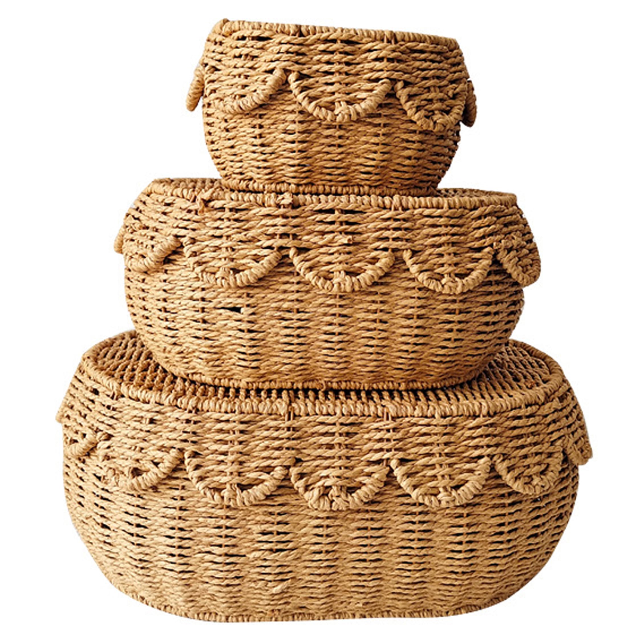 3 cestas festoneadas de mimbre natural tejidas a mano con tapas, 3 tamaños, cestas de almacenamiento para baño, guardería, estantes, decoración rústica de granja