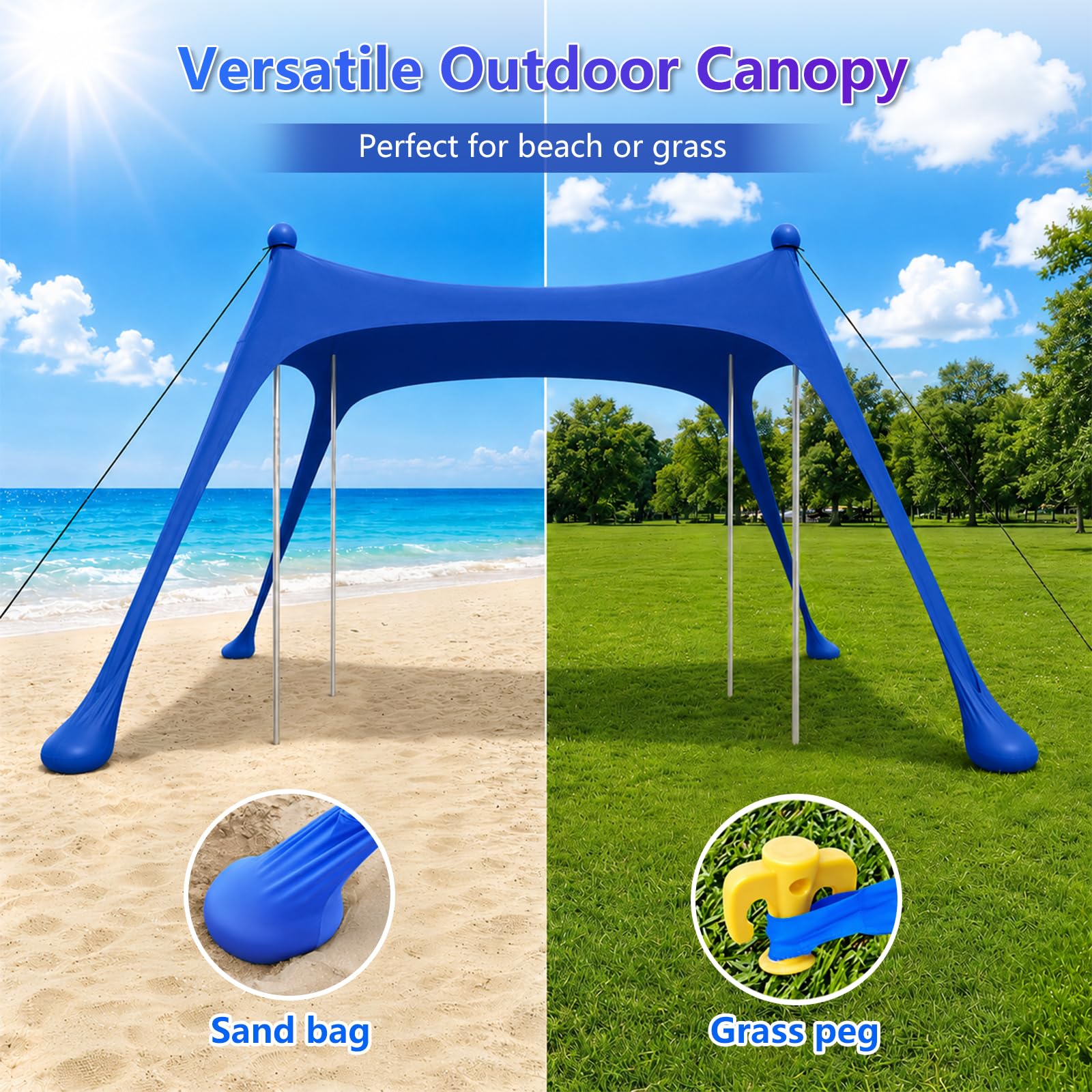 Tienda de Playa UPF50+ con Esterilla, Toldo Solar Antiviento Portátil | Refugio con Anclajes de Arena y Barras de Aluminio, Fácil Montaje para Camping, Playa y Picnic, 10x10FT Azul Oscuro