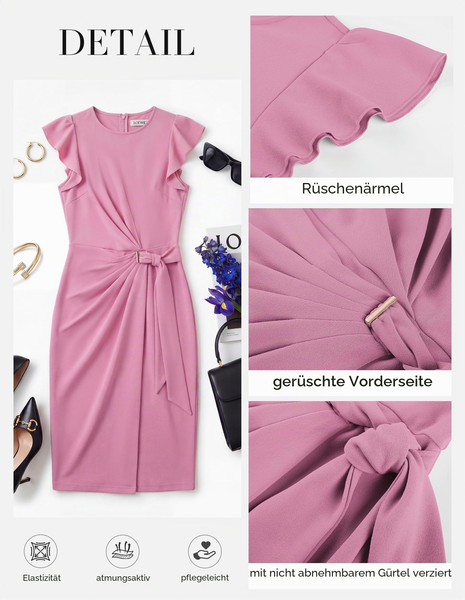 GRACE KARIN Kleider Damen Elegant Rundhals Rüschenärmel Bodycon Wickelkleid | Etuikleid Einfarbig|Business Outfit|Knielang|Hochelastisch|Freizeitkleid|Hochzeitsgast|Festliche|Prom Party Kleider
