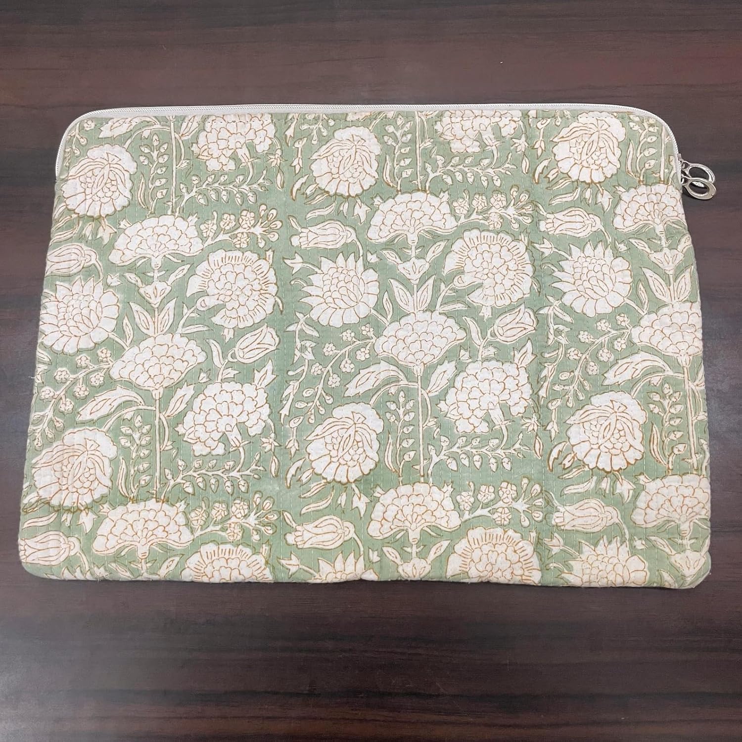 Block Print Floral Quilted Laptop Sleeve | 100% Cotton Handmade Bag for MacBook Case, iPad Tablet Zipper Pouch, Boho Tech Accessory