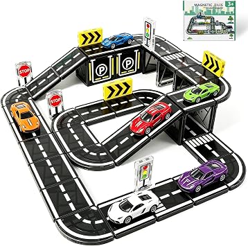Magnetic Tiles Road Set with Cars, Magnetic Blocks for Kids Ages 4-8