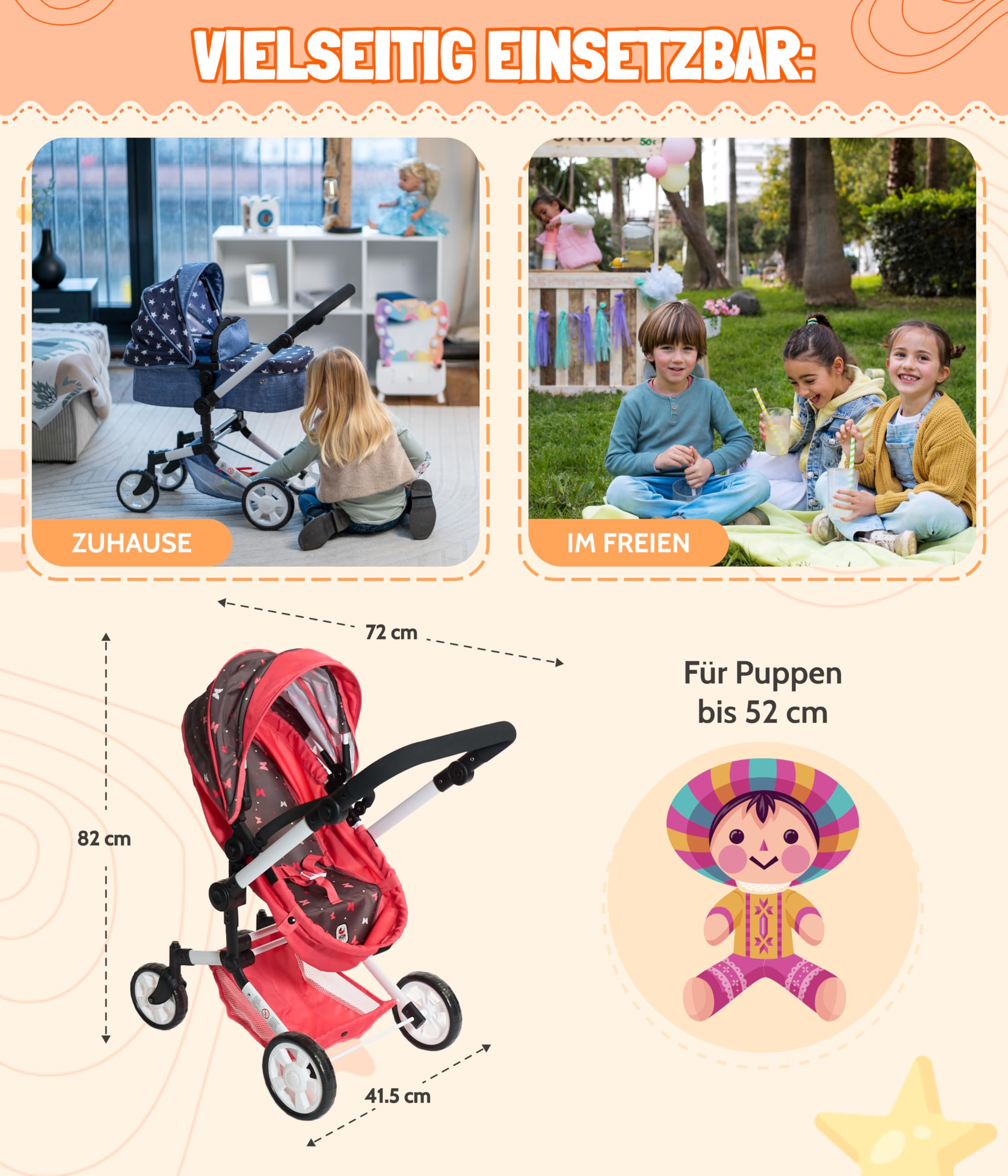 Bayer Chic 2000 Poussette poupée 3 en 1 Linus Pliable réglable | Set 3 en 1 avec nacelle transformable et siège auto, poignée réglable de 47 à 78 cm.