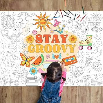 Giant Coloring Poster for Kids Groovy Themed Activity Large Big Boho Hippie Paper Tablecloth Coloring Jumbo Page Sheet Book for Kids School Classroom Home Spring Summer Party Supplies Decorations