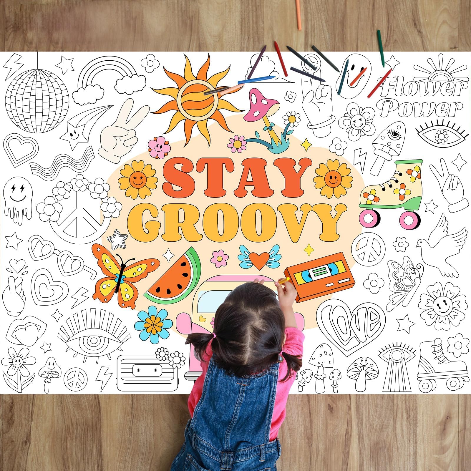 Groovy Coloring Poster for Kids Giant Coloring Poster Large Boho Hippie Coloring Tablecloth Big Coloring Page Jumbo Coloring Sheet Book for Kids Classroom Home Birthday Autumn Party Supplies Favor