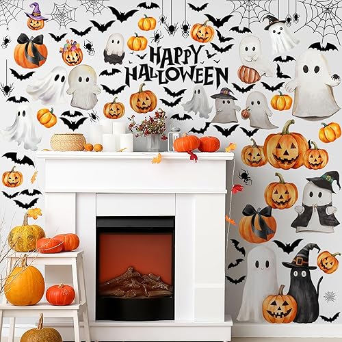 Miniatura 4 de Haull 6 hojas de calcomanías de pared de acuarela para Halloween, casa embrujada, calcomanías de pared de bruja, murciélagos, calabaza, cuervo,