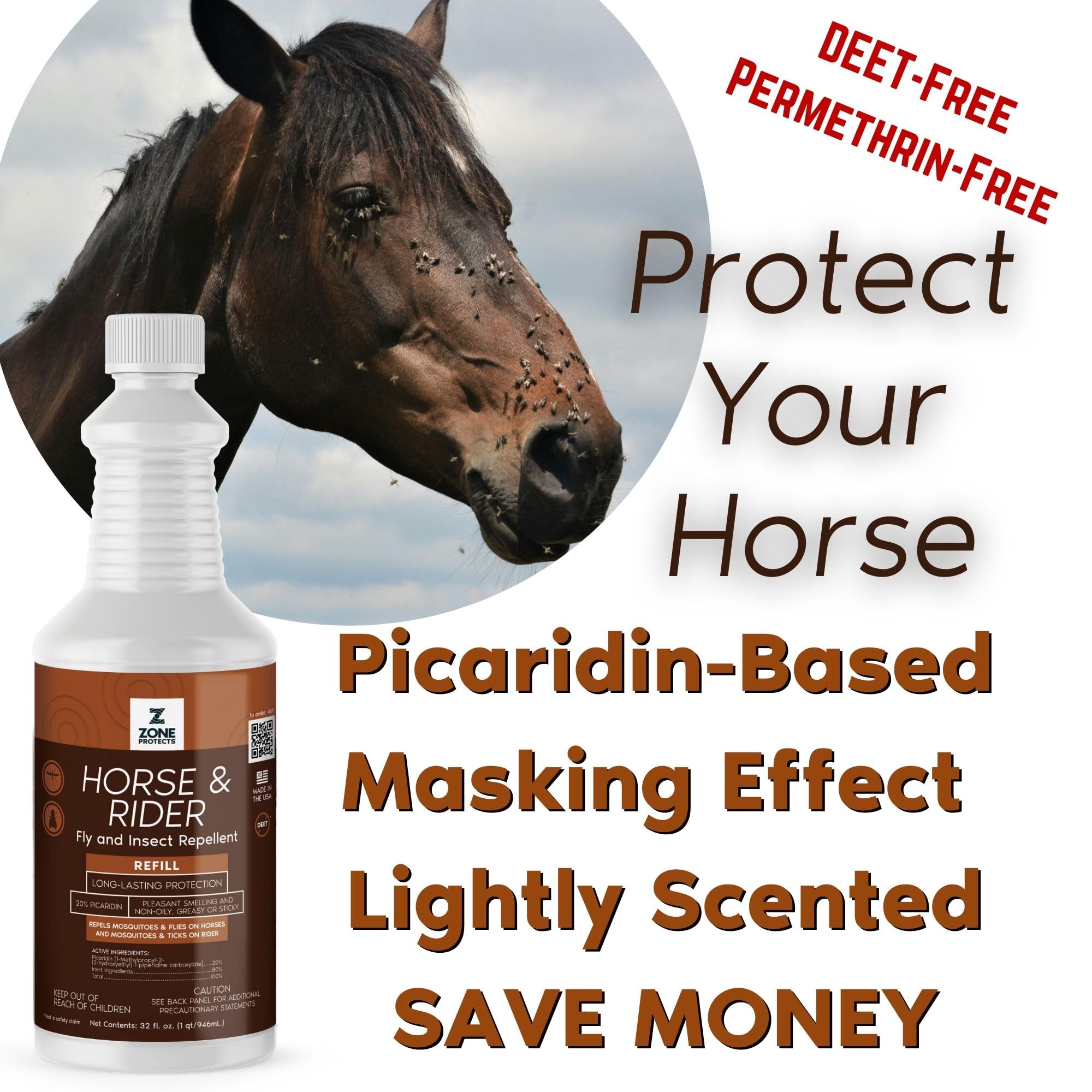 Horse & Rider Fly/Insect Repellent 32oz Refill; Picaridin Based, Light Fresh Scent, Masks Horse Hide; 12-Hr Proven Protection Against 400 Fly Species - image 2