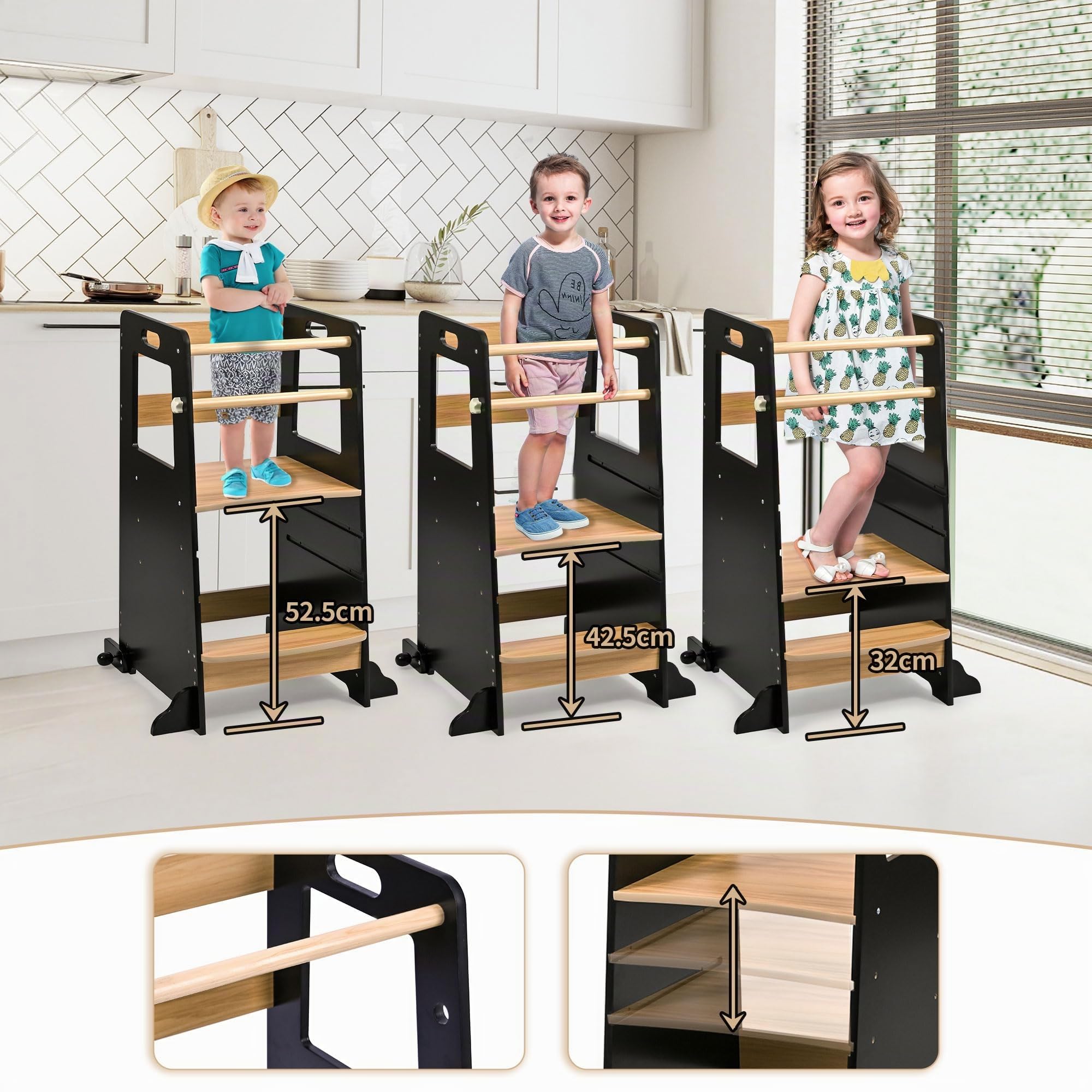 Baby Vivo Lernturm aus Holz Höhenverstellbar - Kippschutz Kindermöbel für Kinder ab 1 Jahr bis 50 kg - Learning Tower mit 2 Sicherheitsstangen Küche Tritthocker Montessori Lerntower Noah in Schwarz