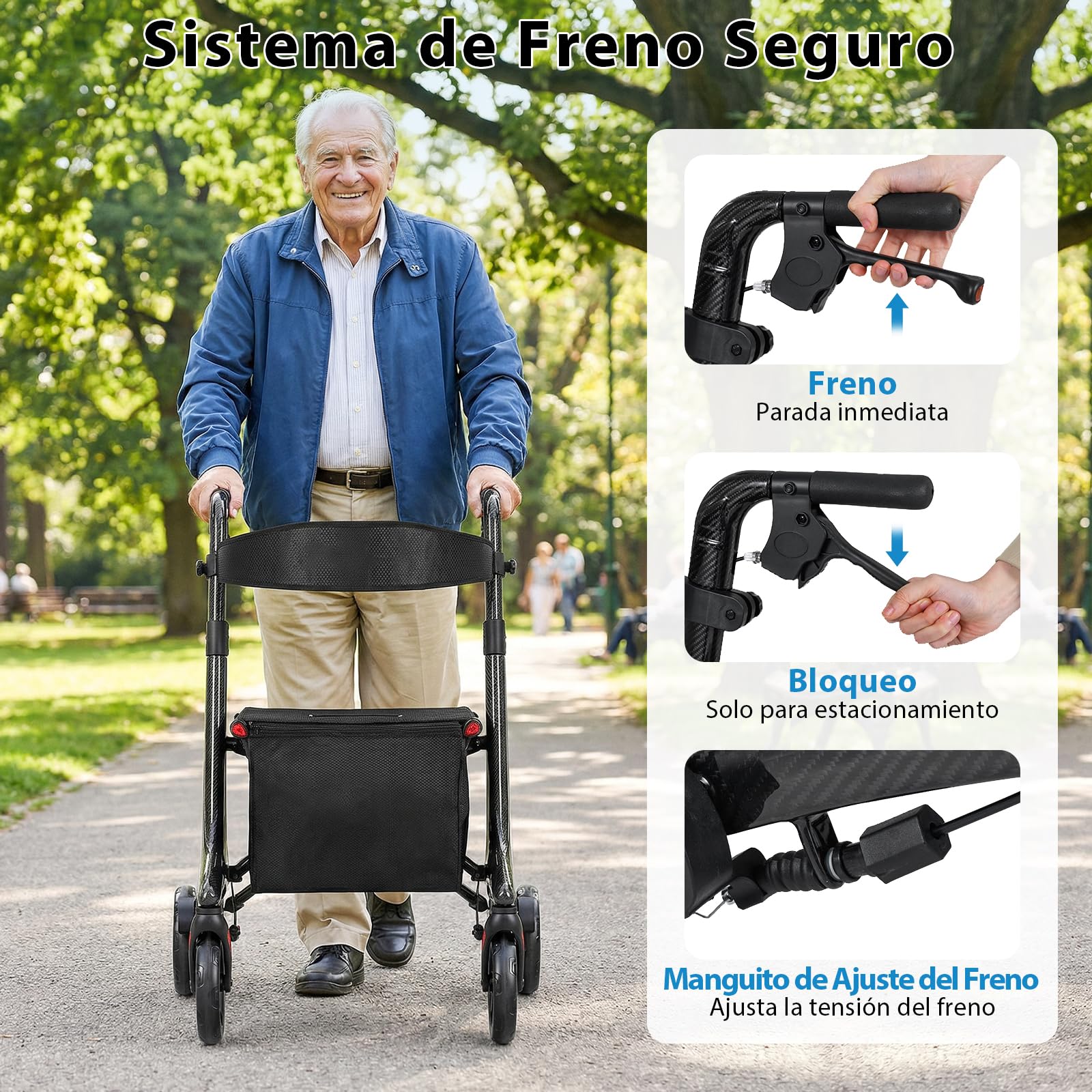 COSTWAY Andador Plegable para Ancianos, Caminadores para Mayores con Asiento, Estructura de Fibra de Carbono, 4 Ruedas de 20 cm, Altura Ajustable, Bolsillo, Tacataca para Ancianos, Carga 136kg