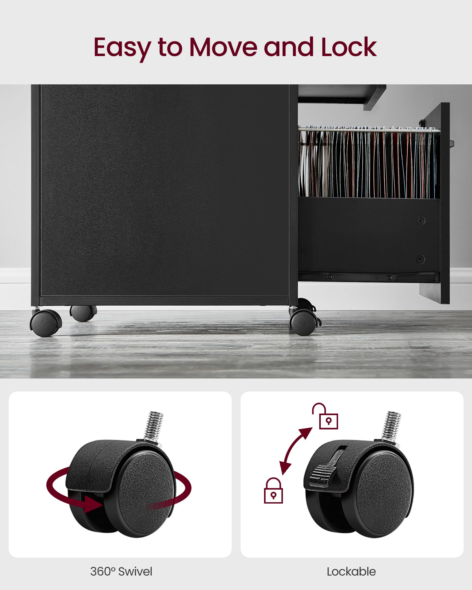VASAGLE Archivador móvil con ruedas, para oficina en casa, 2 cajones con cerradura, para A4, carpetas colgantes tamaño carta, estante abierto, marco de acero, tinta negra UOFC077B16