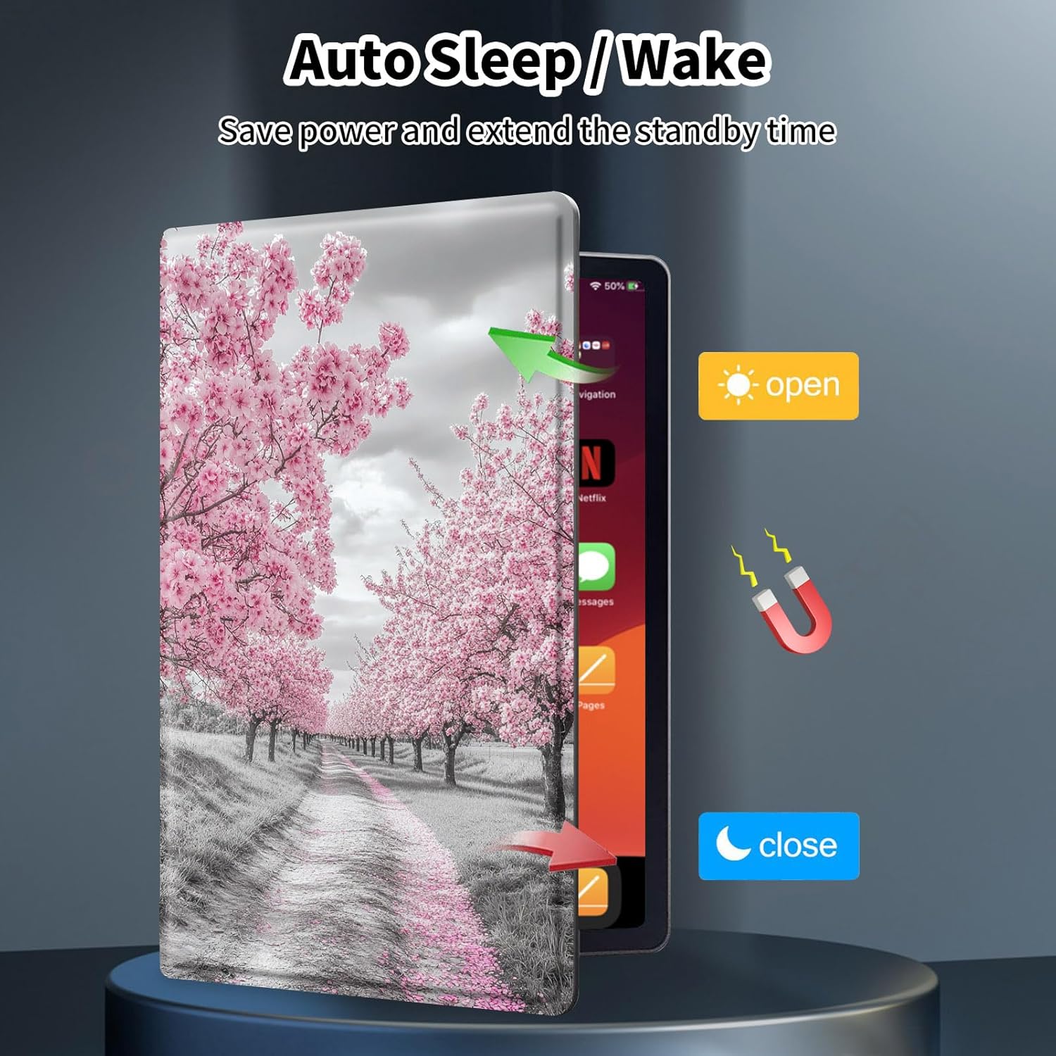 for iPad Air 13 Inch Case (M3/M2) 2025/2024,for iPad Pro 12.9 Case 6th/5th/4th Generation 2022/2021/2020,Slim Leather Multi-Angle Stand Folio Cover Auto Wake/Sleep,Cherry Blossom Black