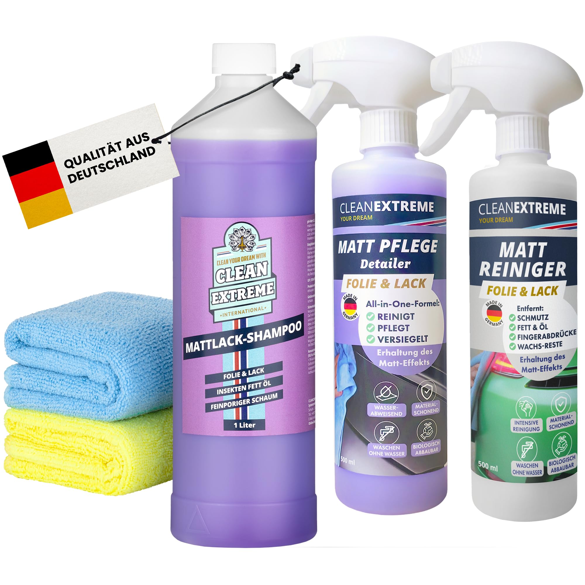 Auto Mattlack Reinigungs- & Pflege-Set Medium | 1L Shampoo Konzentrat, 500ml Mattlack Pflege mit Versiegelung (Detailer), 500 ml Matt Intensiv Reiniger + 2 Mikrofasertücher