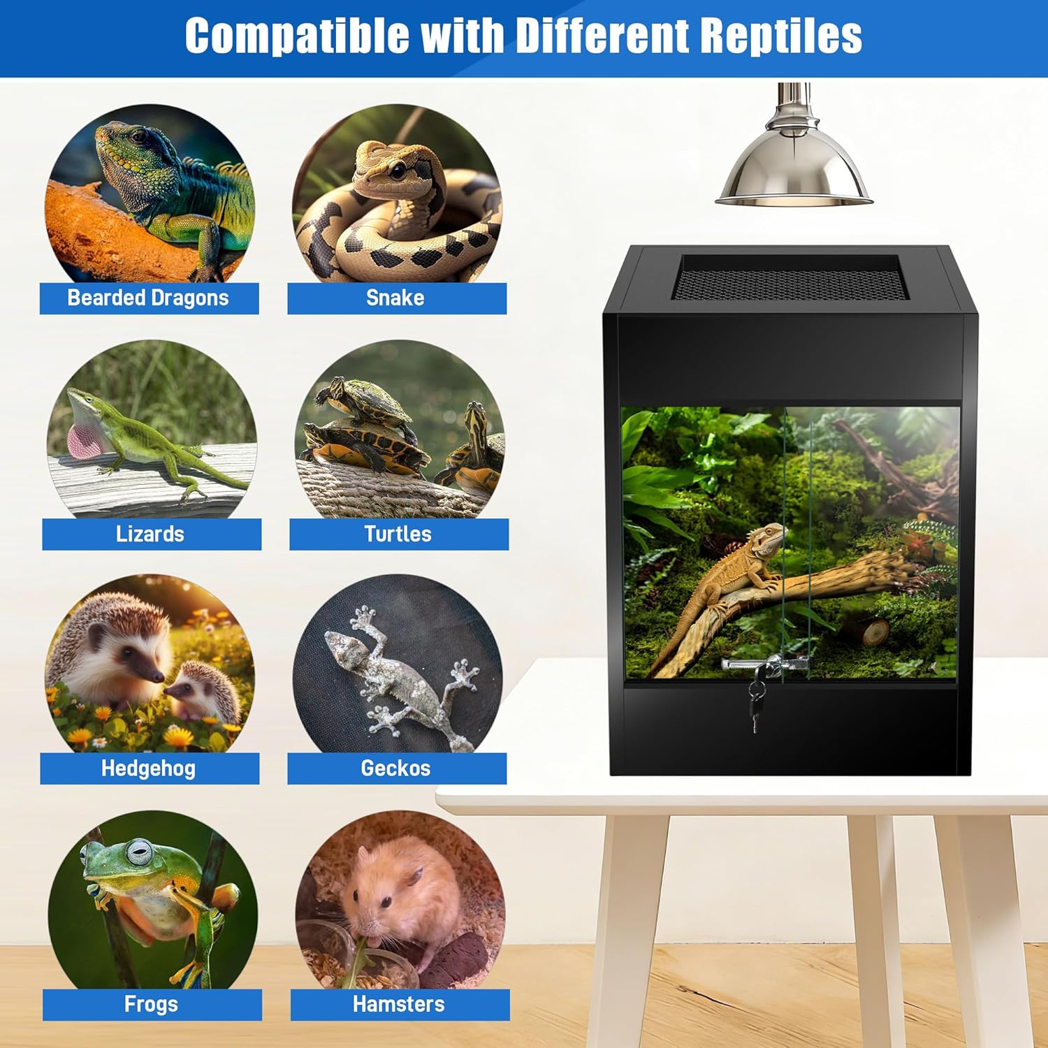 PVC Reptile Enclosure Terrarium 33 Gallon Reptile Tank, Front Opening Tall Bearded Dragon Tank 24"x18"x18" with Tempered Glass Sliding Doors, Lock & Top Screen Ventilation for Geckos Snake Lizard