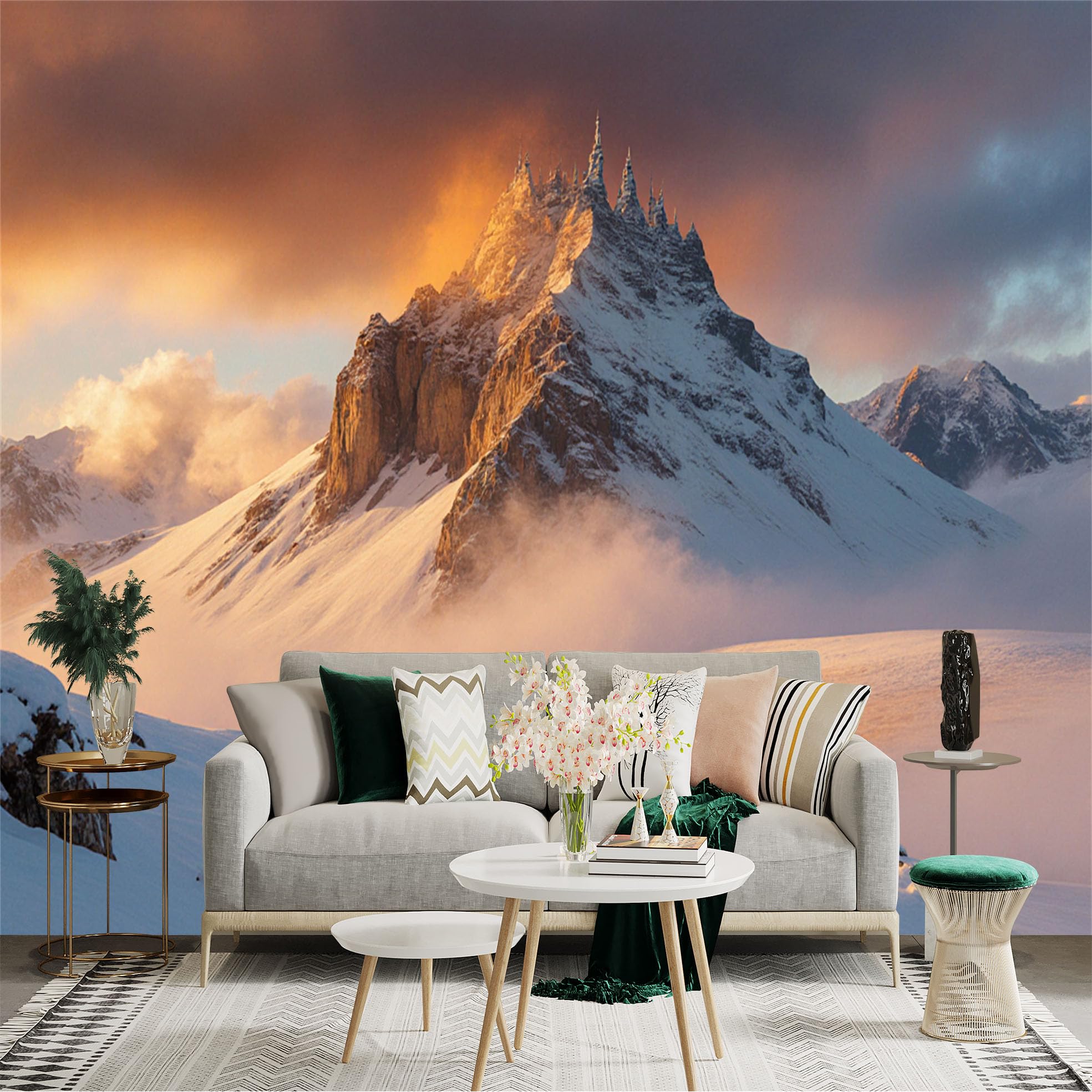 Custom Size Wall Sticker Mural， Majestic Snow Mountain Peak， Golden Sunset Sky， Winter Landscape， Misty Clouds， for wall Decoration， peelandstick wall Decals.