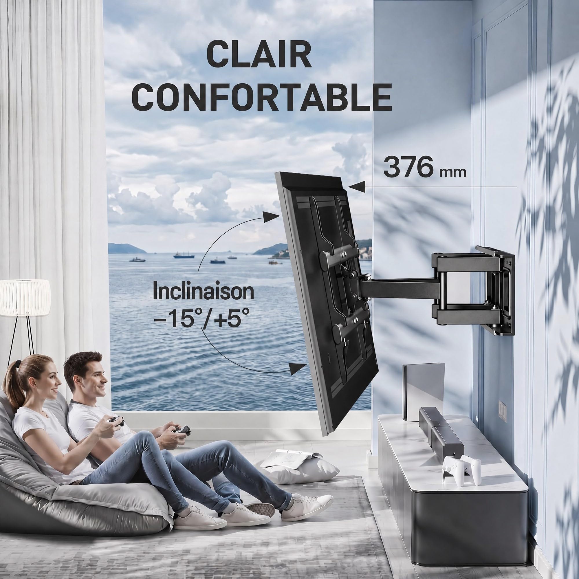 PERLESMITH Support Mural TV, pour 37-85 Pouces (94-216cm) TVs Jusqu'à 60kg | Double Bras Robuste, Fixation TV Mural Orientable et Inclinable 55 65 Pouces, Max VESA 600x400mm