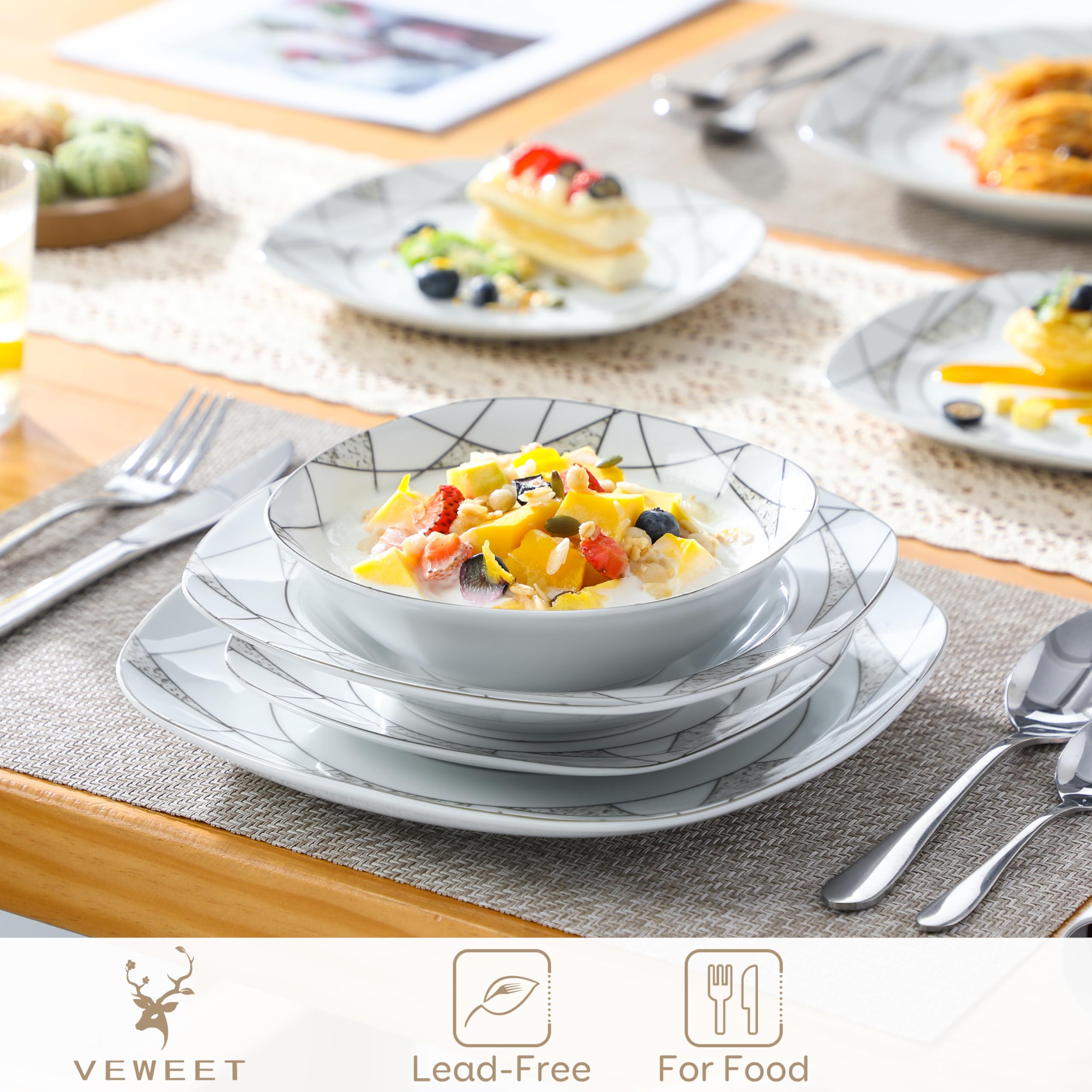 VEWEET SERENA Servizio da Tavola in Porcellana per 12 Persone, Set di 48 Pezzi con 12 Ciotole per Cereali e Insalata, 12 Piatti Piani, 12 Piatti Fondi e 12 Piatti da Dessert, Bianco con Linee Marroni