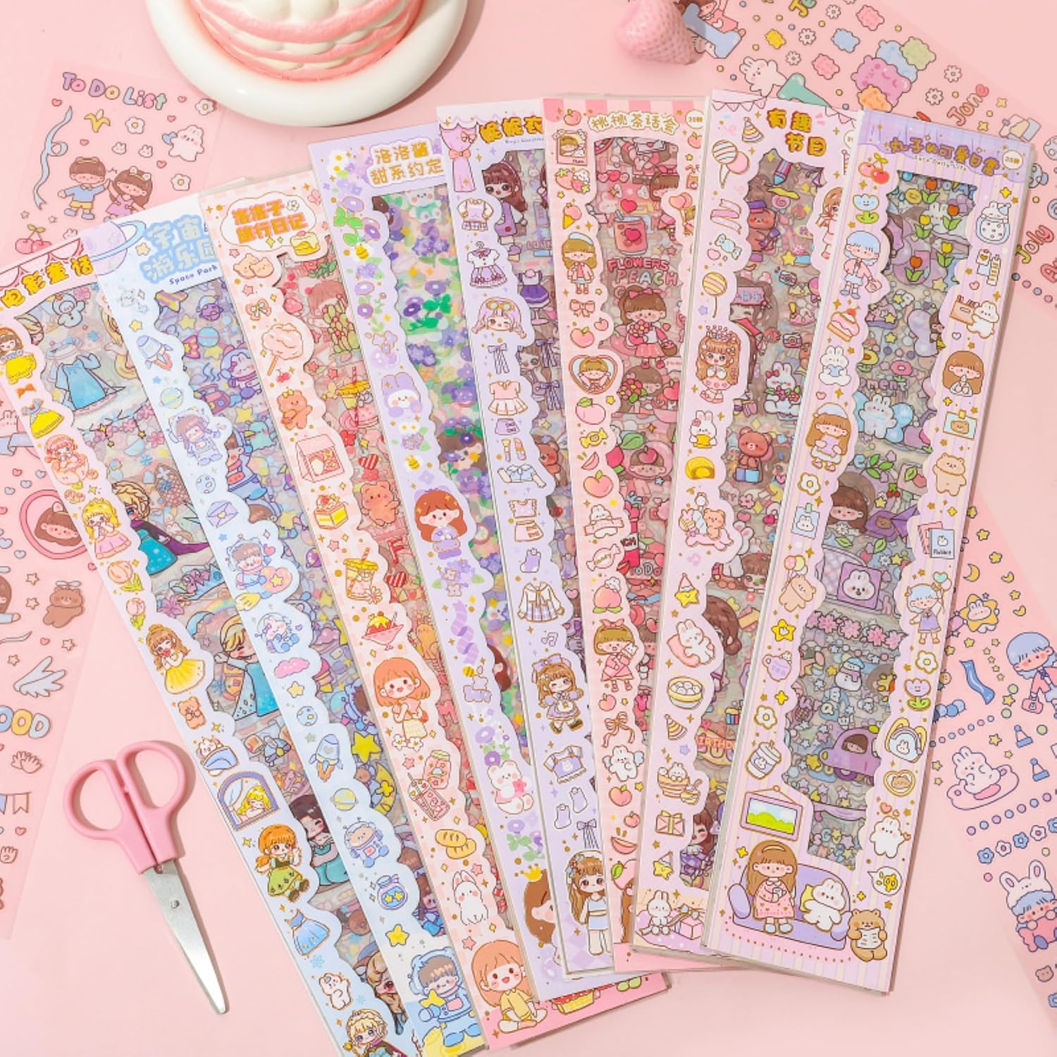 Kawaii Cartoon Theme Washi Stickers – 20 PET Sheets of Cute Japanese Style Girls Stickers – Self-Adhesive, Waterproof Aesthetic Stickers for Kids, Scrapbooking, DIY Projects