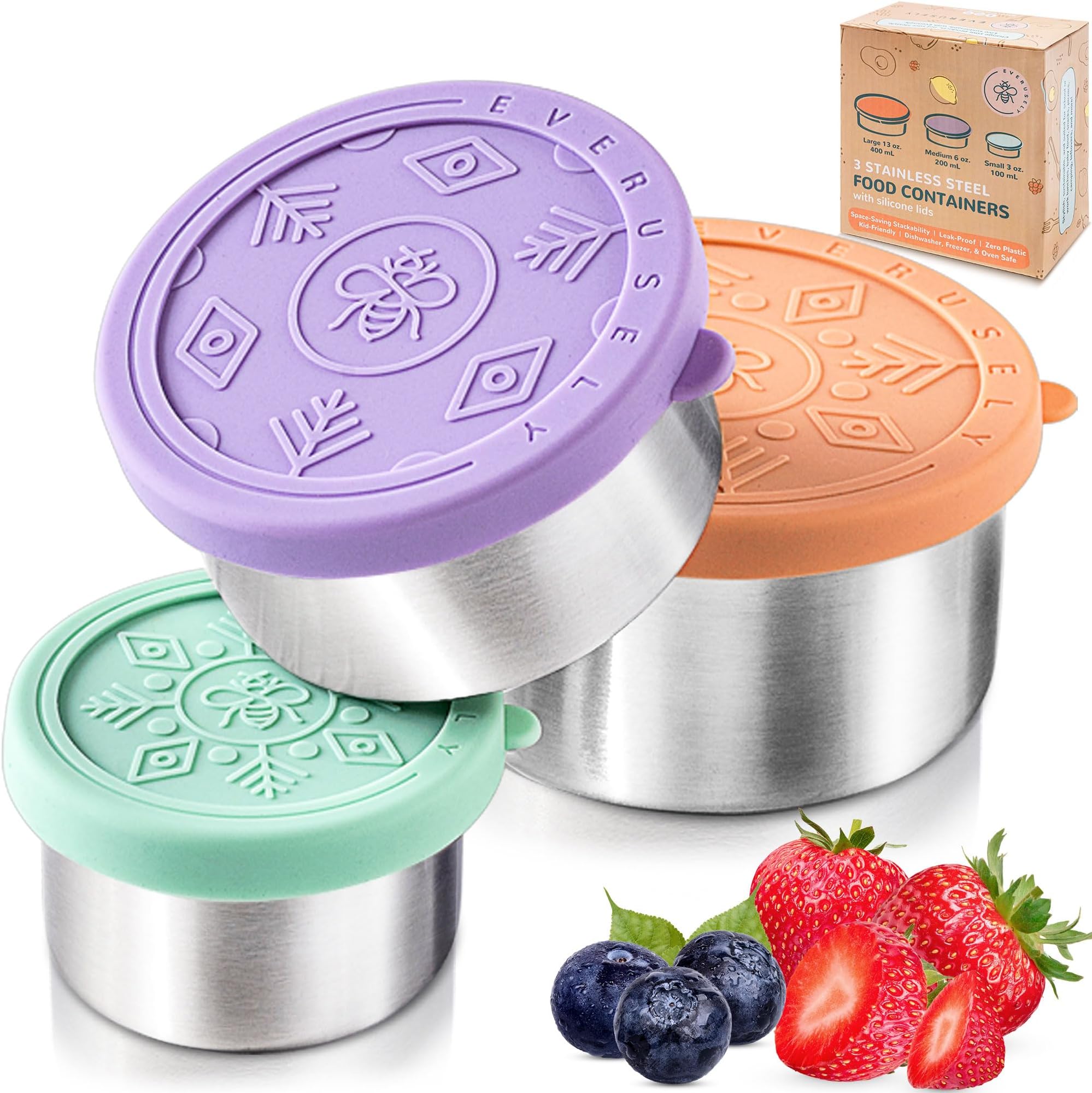 Stainless Steel Food Containers - 3 Pack, Bright - Metal Lunch Box - Snack Containers for Office, Home Food Storage - Leakproof with Silicone Lids - Dishwasher and Freezer Safe