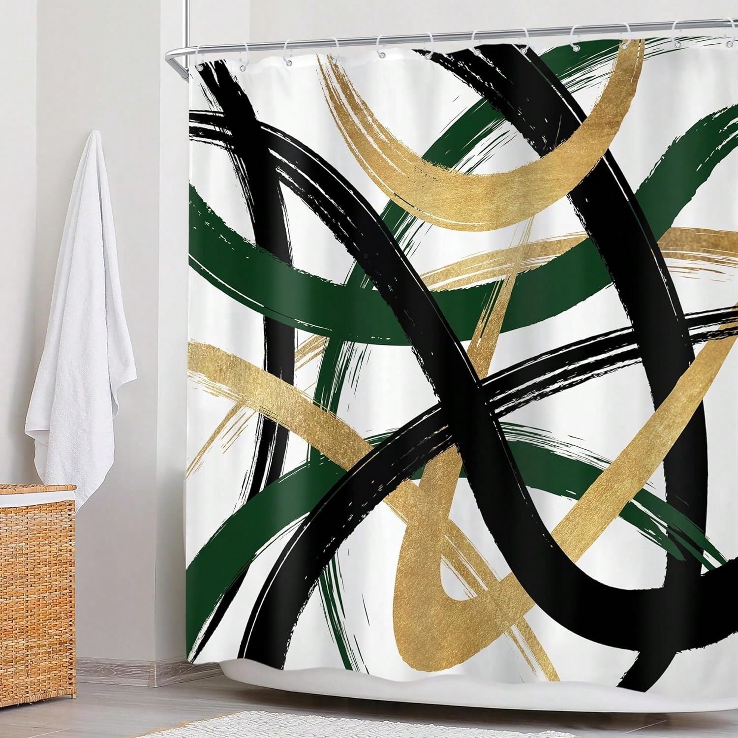 Schwarz-Weiß-Gold Abstrakter Duschvorhang Modernes Türkisgrünes Linienkunst Minimalistisches Einfaches Skizzen-Design Zeitgenössisches Badezimmer-Set (240 x 199 cm / 94 x 87 Zoll (B x H))