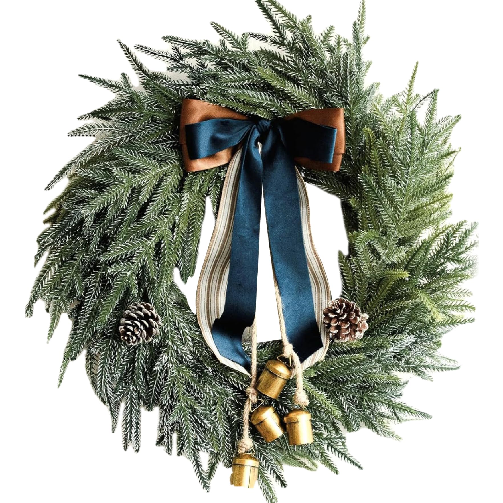 Christmas Wreaths for Front Door, 18in Norfolk Pine Wreath with Bells and Ribbon, Hanging Artificial Christmas Door Wreath for Porch Window Norfolk Pine