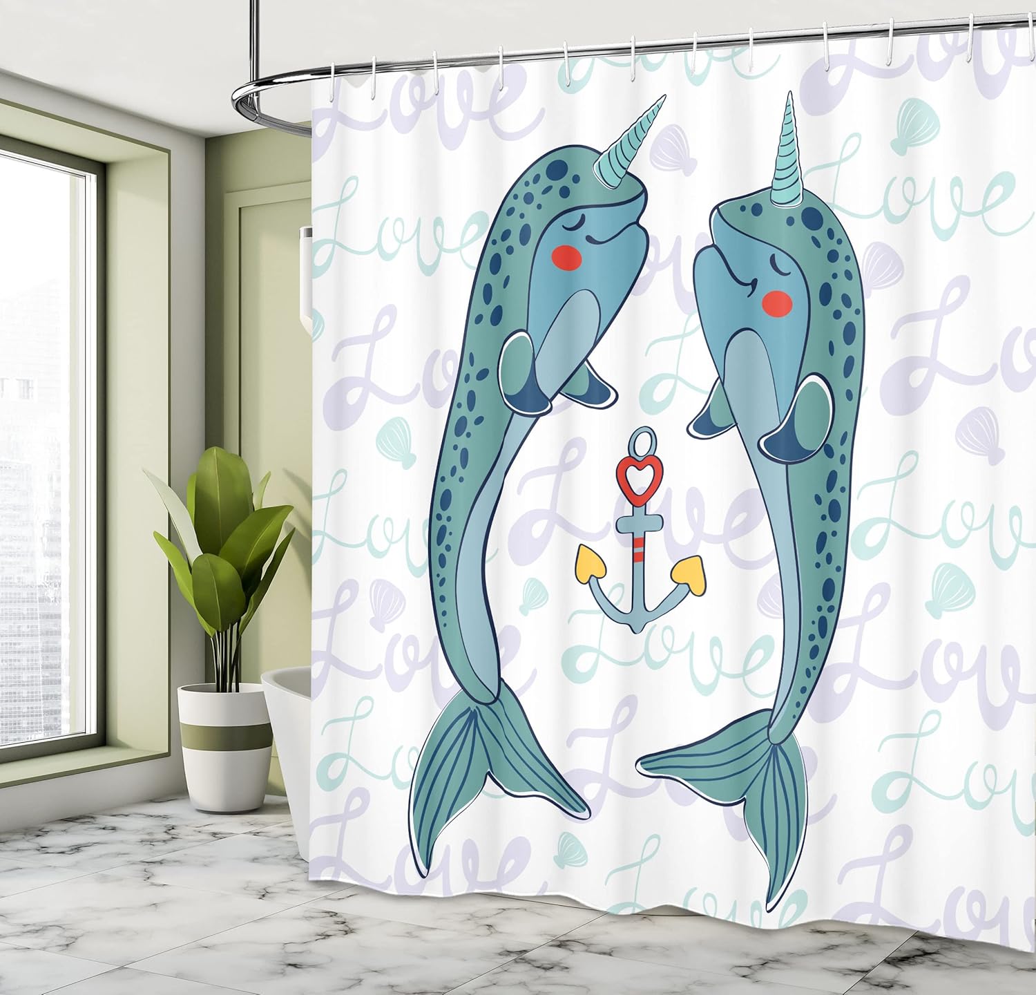 Ambesonne Narwhal Shower Curtain, Couple of Whales with Horns in Love Valentines Day Themed Nautical Illustration, Cloth Fabric Bathroom Decor Set with Hooks, 69" W x 75" L, Cadet Blue Mauve