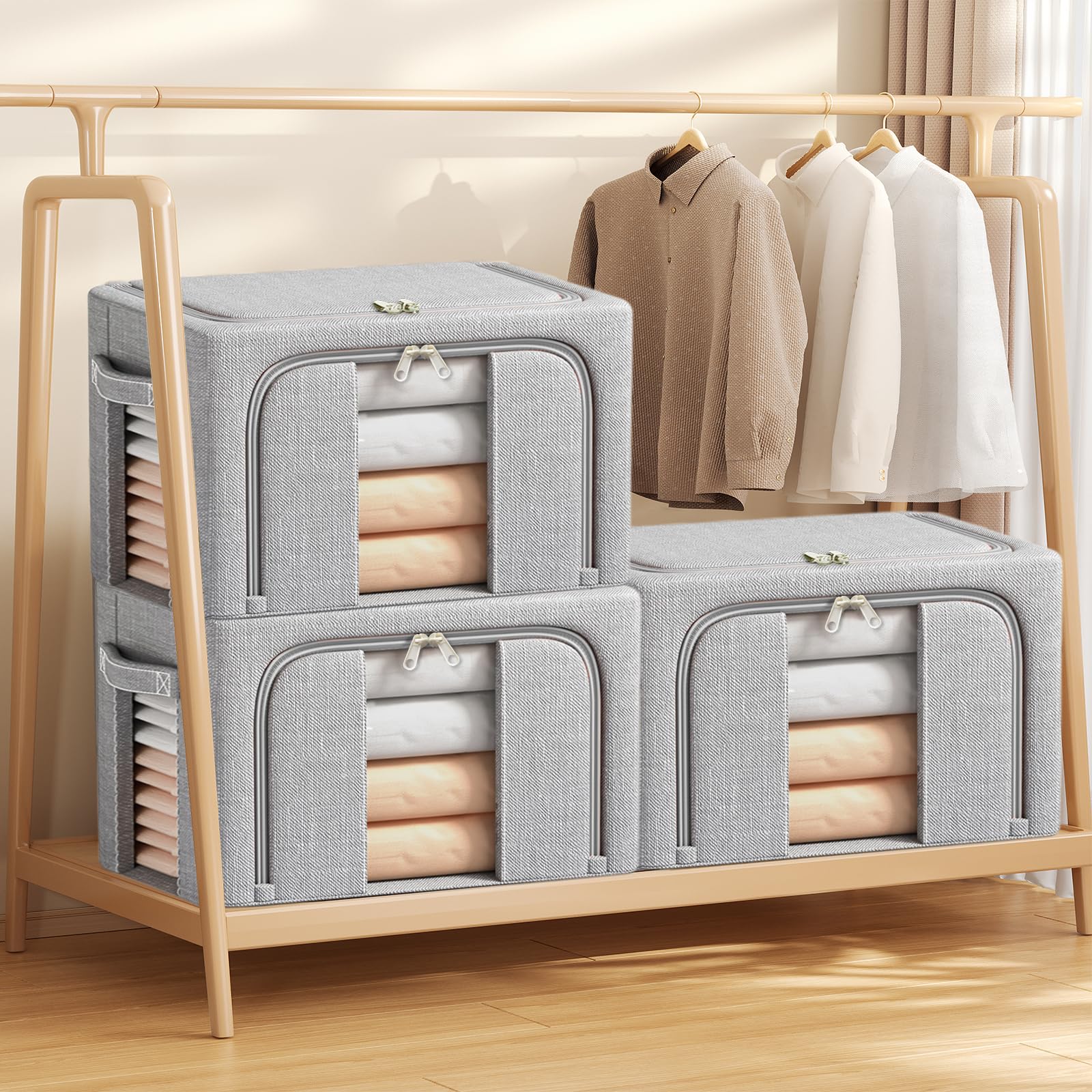 3 Pezzi Scatole per Armadio, 24 L Organizzatore Armadio con Struttura in Metallo Pieghevole, Scatole Armadio Impilabil con Cerniera per Vestiti, Coperte, Piumoni-3x24L