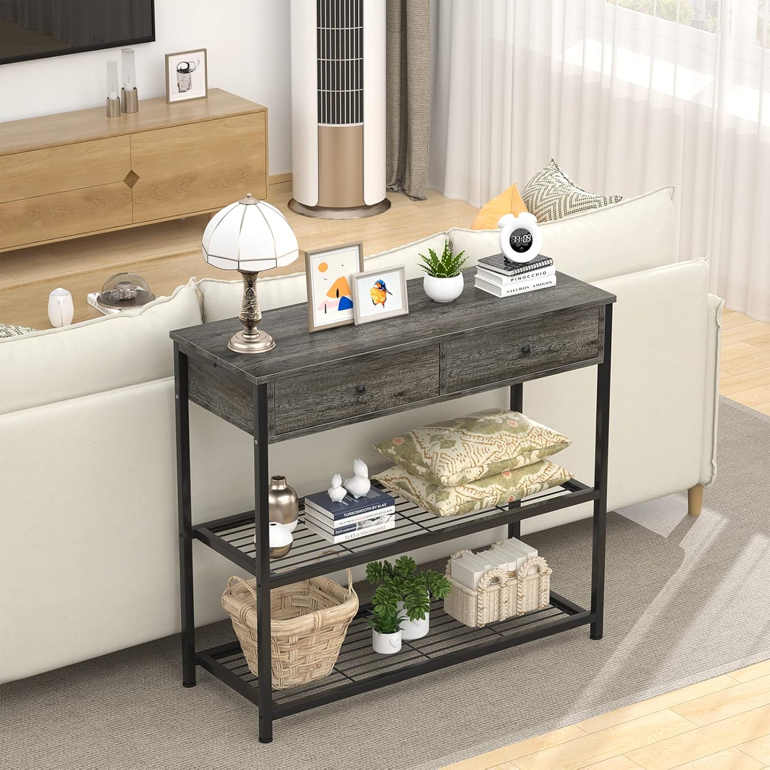 Ecoprsio Console Table with Drawers Grey Sofa Table Entryway Table Narrow Long with Storage Shelves for Entryway, Front Hall, Hallway, Sofa, Couch, Living Room, Coffee Bar, Kitchen, 32 Inch : Home & Kitchen