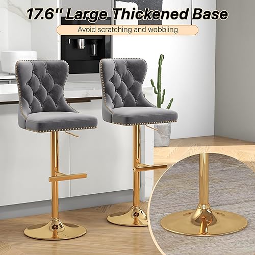 Miniatura 6 de Juego de 2 taburetes de bar, taburetes giratorios de terciopelo con respaldo copetudo, asiento ajustable con ribete de cabezas de clavos, sillas de