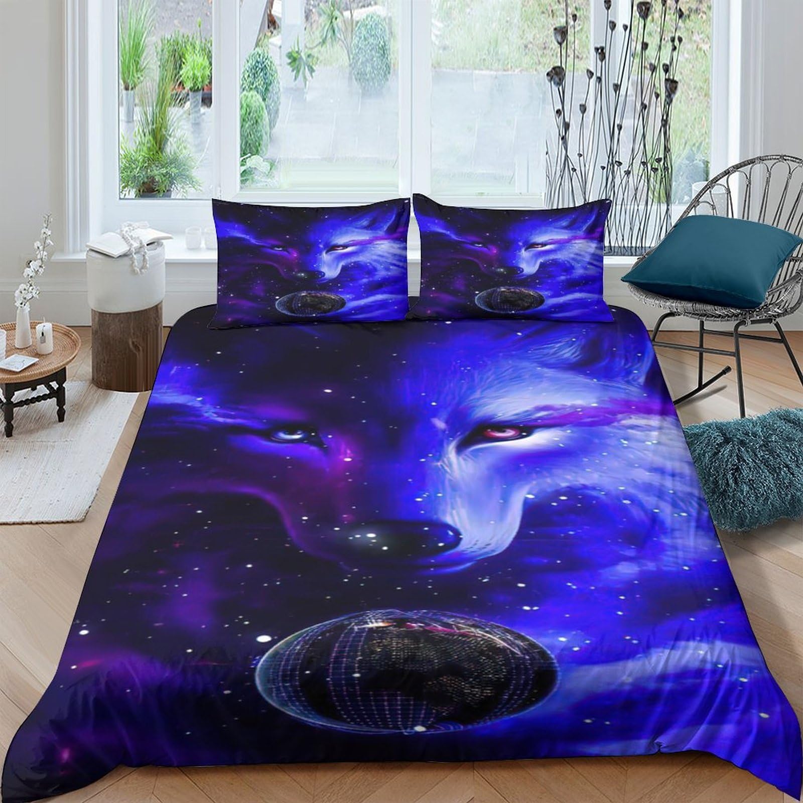 Ctjqhvkz Style-3 3D Printed Galaxy Wolf Fitted Sheet Microfiber Soft Breathable Cosmic Nebula Mattress Cover For Bedroom Decor Single（135X200cm）