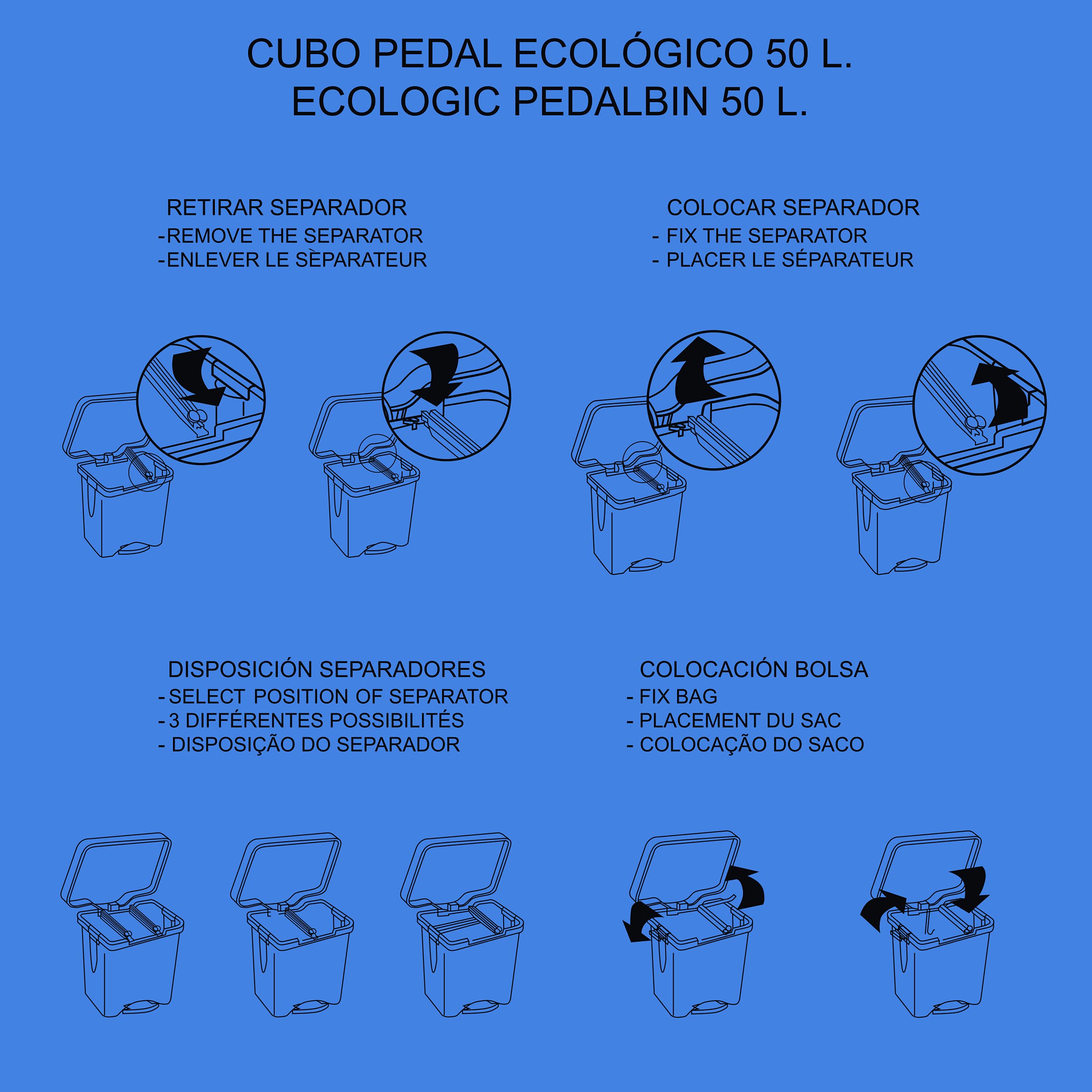 Cubo de Reciclaje con Pedal 50L Azul – Contenedor de Basura Ecológico para Cocina – Con Separadores Internos Ajustables, Plástico Resistente y Fácil Limpieza | Denox
