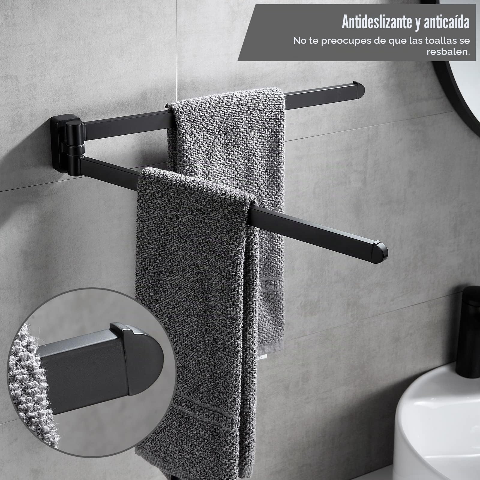 BGL Toallero Giratorio Negro, Organizador de Almacenamiento, Ahorro de Espacio, Soporte de Toalla de Pared Doble Giratorio para baño