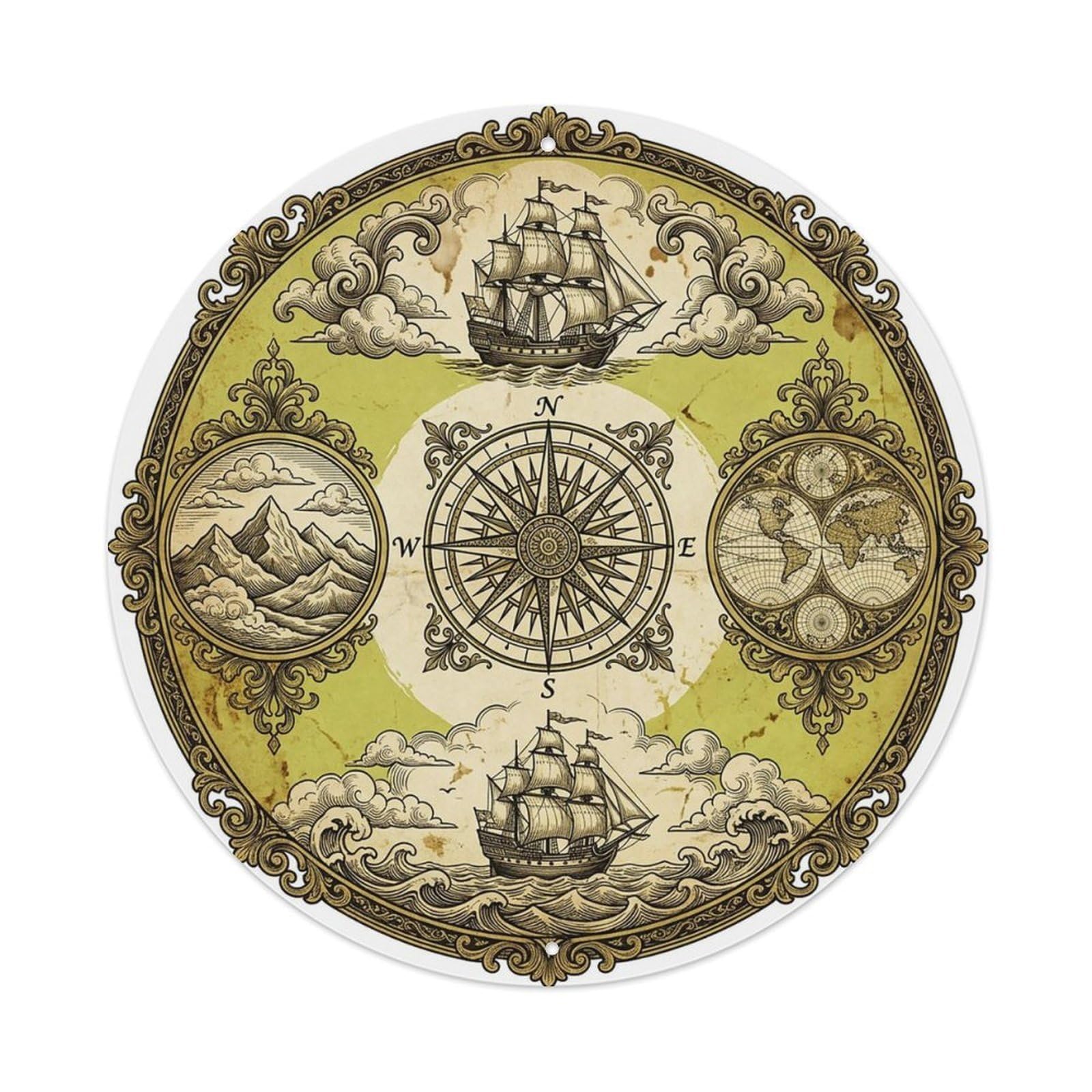 Vintage Nautical Compass World Map Atoll Path Metal Tin Sign