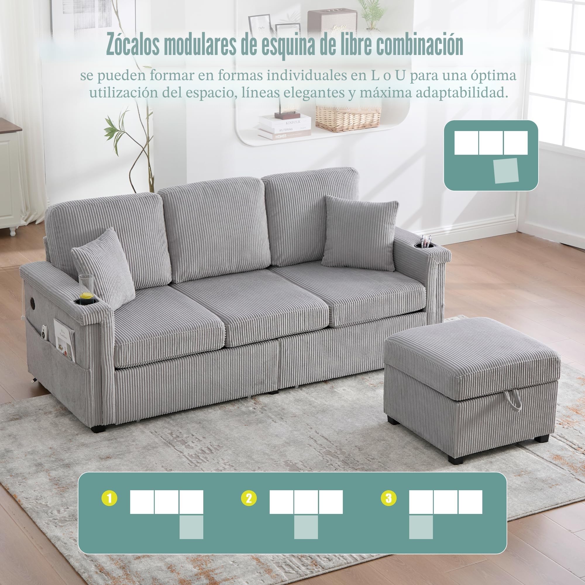 Sofá de 3 plazas, sofá en forma de L con función de dormir, iluminación LED y puerto USB-C, incluye espacio de almacenamiento, reposapiés, bolsillos laterales para salón, dormitorio, 194