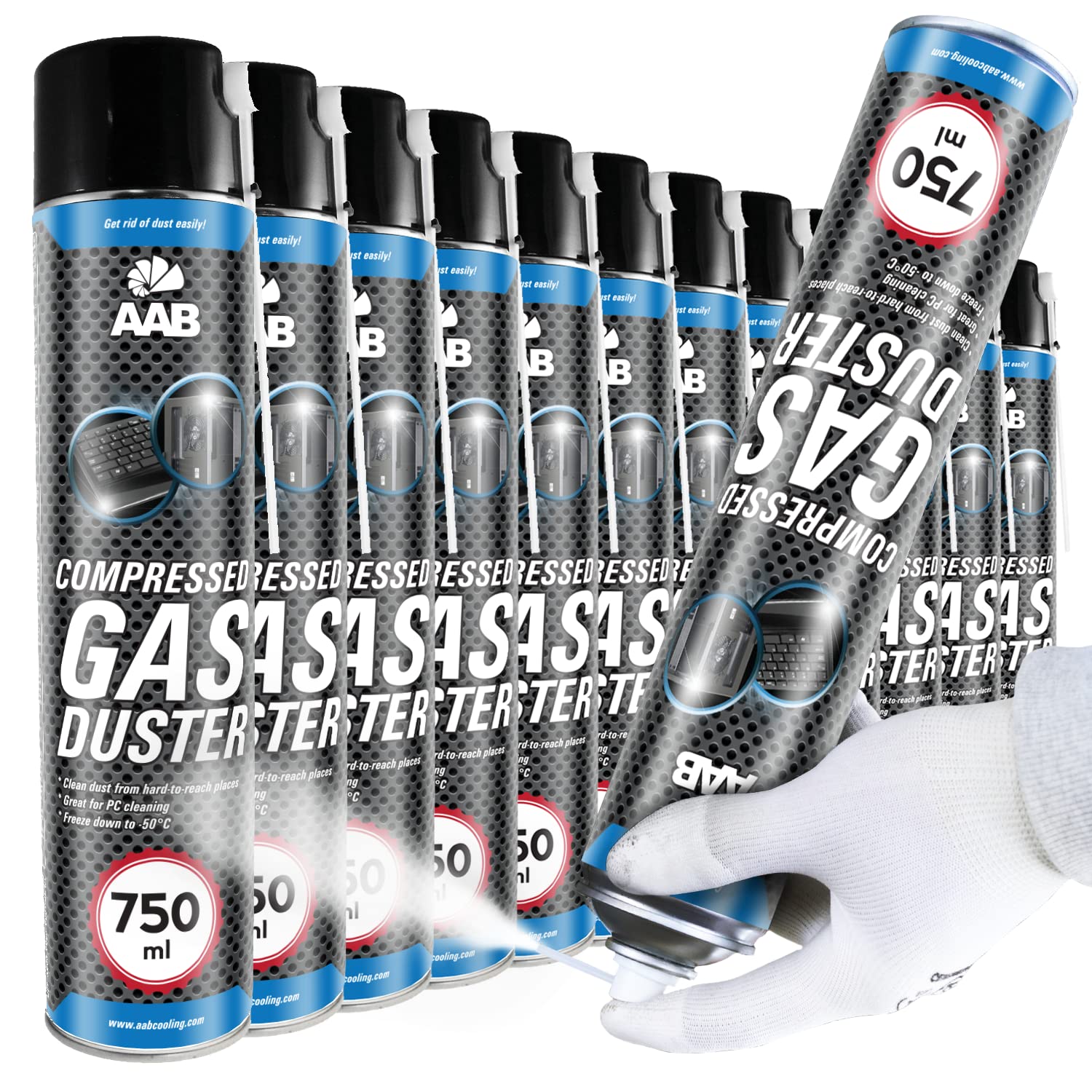 AAB Compressed Gas Duster 750ml - Préparation pour le Nettoyage et la Congélation, Bombe de Froid, Spray Congélateur à Tube, Spray Réfrigérant, Spray de Frio, Kit de Congélation - 12 Pièces