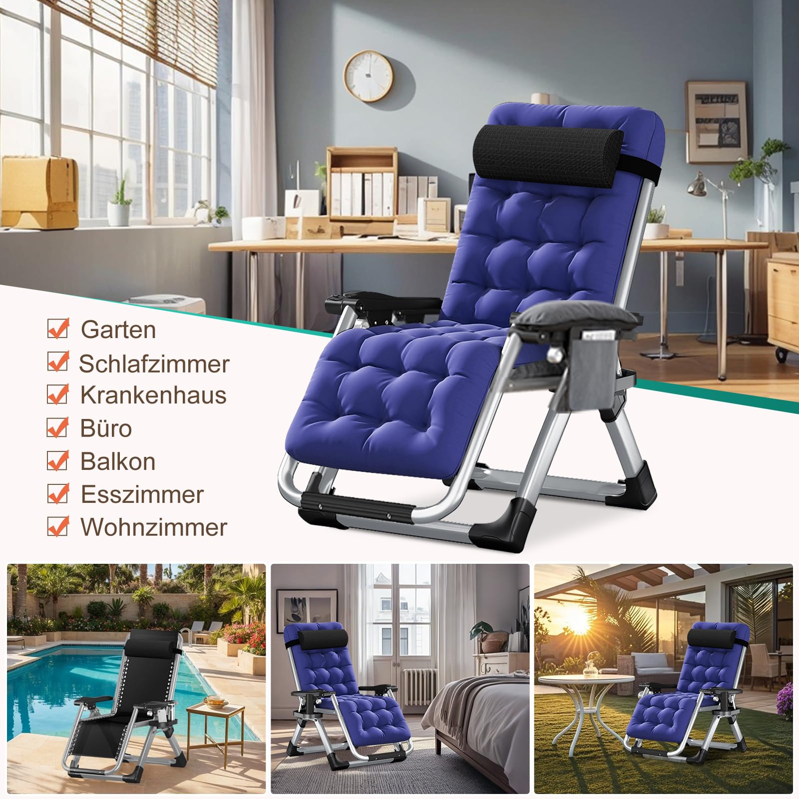Tumbona plegable, capacidad de carga de 200 kg, silla de gravedad cero, portabilidad, tumbona con cojín, soporte para tazas, extra ancho, ángulo ajustable, tumbona de jardín, adecuada para