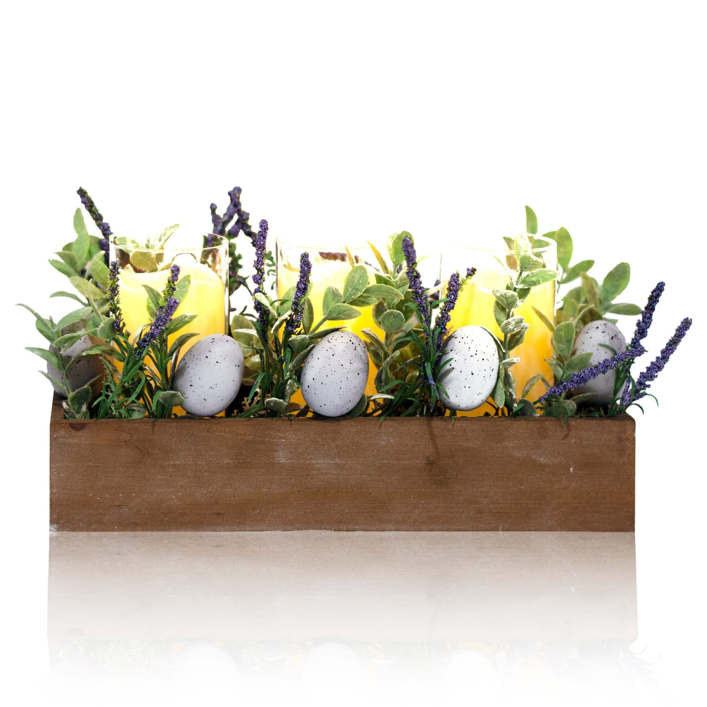 Easter Decorations 3-PC LED Candles Easter Decor Table Centerpiece with Artificial Lavender for Easter Holiday Decoration Spring Décor Artificial Plants (Natural Wood)