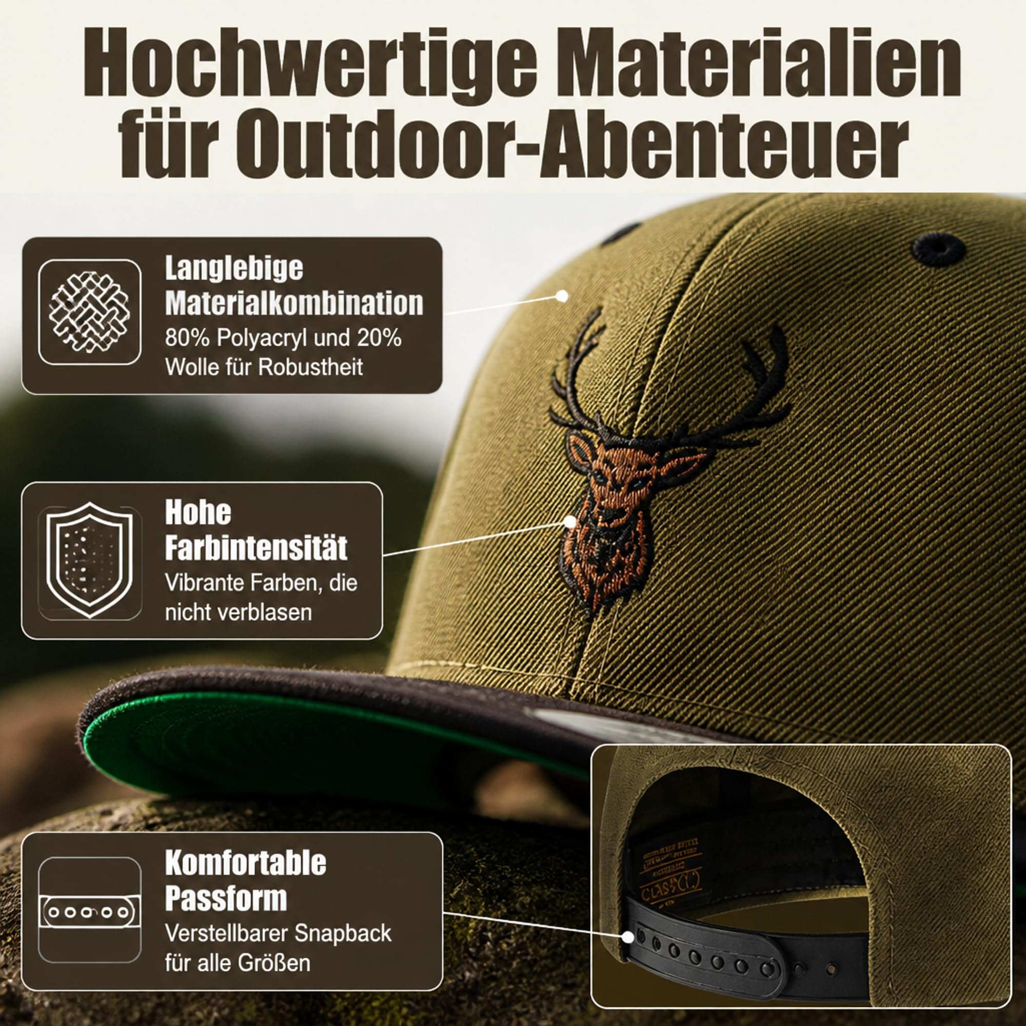 Cap Flexfit Snapback : Hirsch-Kopf - Outdoor Cap - Cappi für Naturliebhaber Herren & Damen Baseball Cap Kappe Mütze Outdoor Jäger Jagd Ausrüstung Wander Zubehör