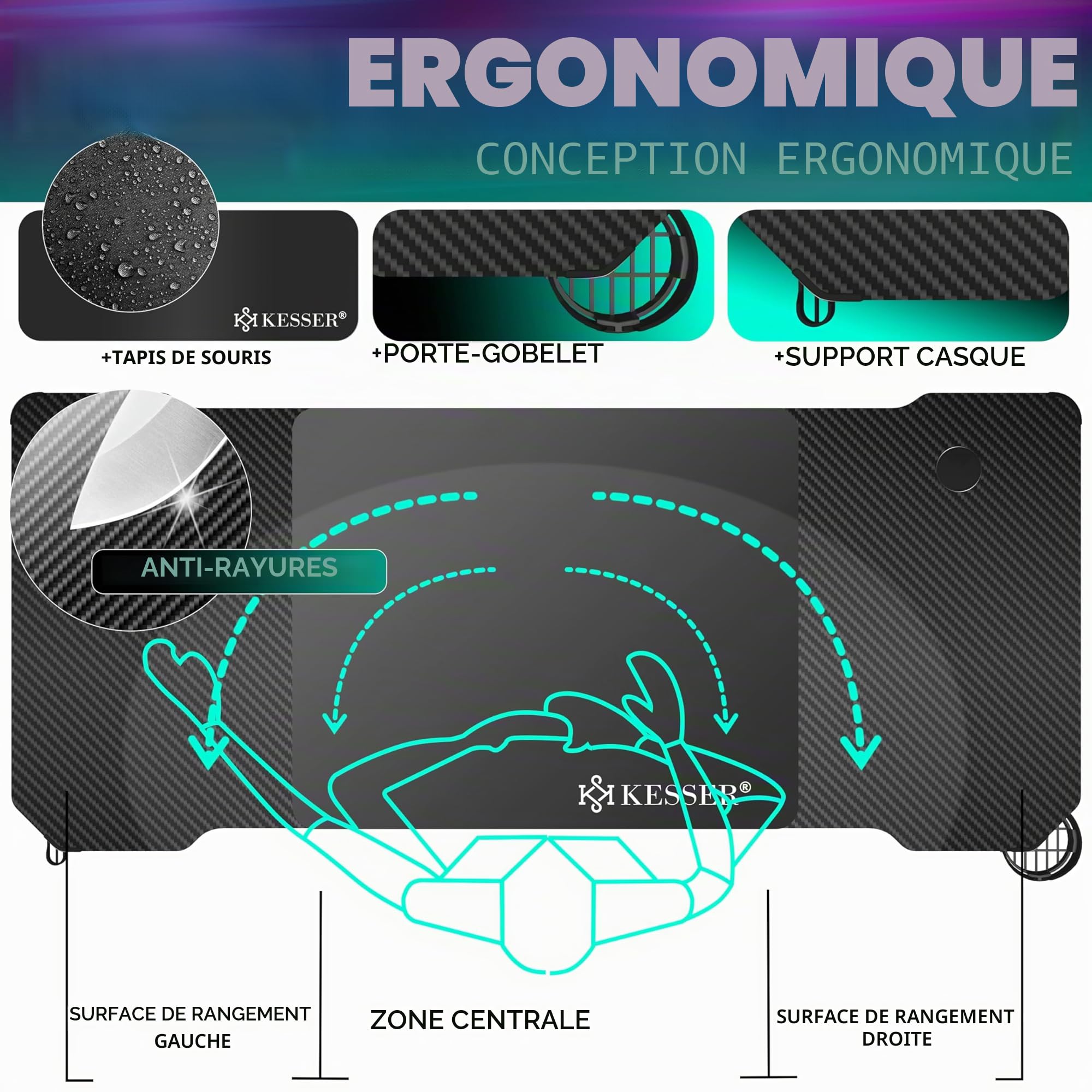KESSER® Table de Jeu LED - 180 cm x 80 cm - Bureau Gamer en Forme de Z - Crochet pour Casque et revêtement en Carbone - Bureau d'ordinateur Ergonomique - Table Stable avec Porte-gobelet - Noir