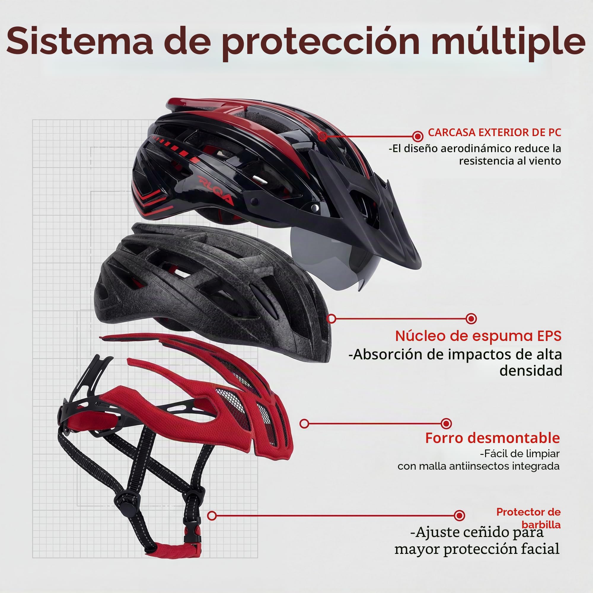 RLQA Casco Bicicleta Adulto – Casco MTB y Bici con Visera Magnética Desmontable y Gafas, 24 Orificios de Ventilación, Luz Trasera LED y Talla Ajustable