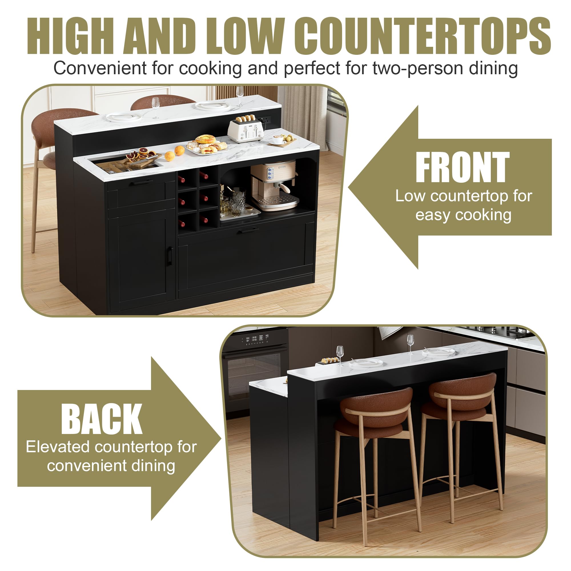 Îlot de Cuisine avec Plan de Travail et EU Prise, 2 en 1 Meuble de Rangement avec Tiroir, Placard, étagère ouverte et 6 Casier À Vin, Îlot Central Cuisine en Bois, Moderne Buffet Cuisine Rangement