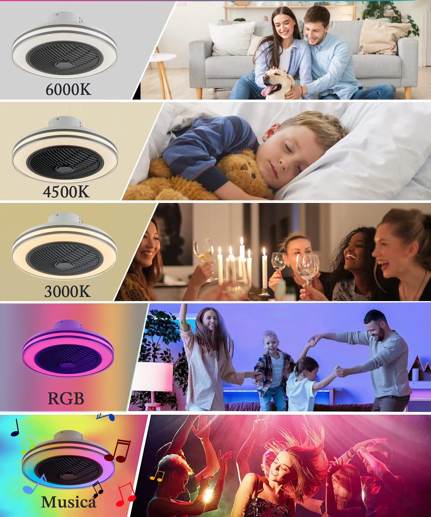 RGB Musicale Fan Plafoniera con Bluetooth Altoparlante Ventilatore da Soffitto con Luce e Telecomando Dimmerabile Silenzioso Lampada da Soffitto Bambini Soggiorno camera da letto Fan Illuminazione