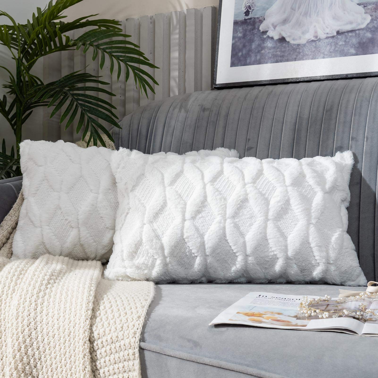 JUSPURBET Decorative Lumbar Double Sided Plush Throw Pillow Covers,Pack of 2 Luxury Soft Cushion Case for Couch Sofa Bedroom,12x20 Inch,White