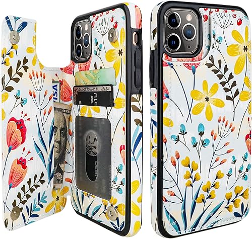 HAOPINSH Funda tipo cartera para iPhone 11 Pro Max con tarjetero y diseño de flores en la parte trasera de la parte trasera, de piel sintética, con