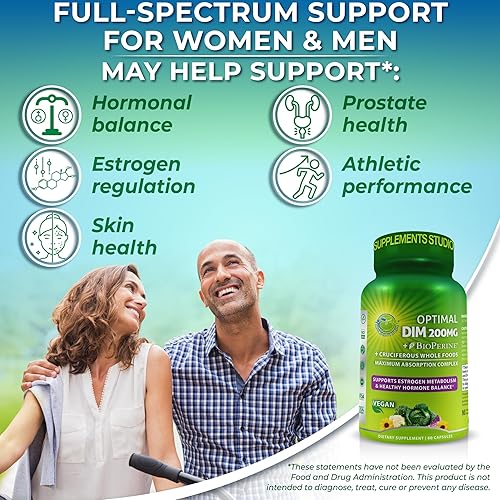 Miniatura 2 de Suplemento DIM óptimo de 200 mg - Complejo vegano de diindolilmetano - Estrógeno y equilibrio hormonal para mujeres y hombres - Fabricado con