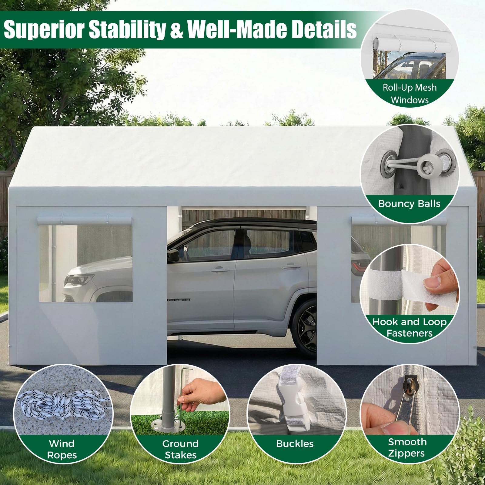 Tenda Garage Auto Esterno Tettoia Telaio Metallo Copertura PE Resistente Intemperie Capanno Giardino Bianco 305x586x280 cm