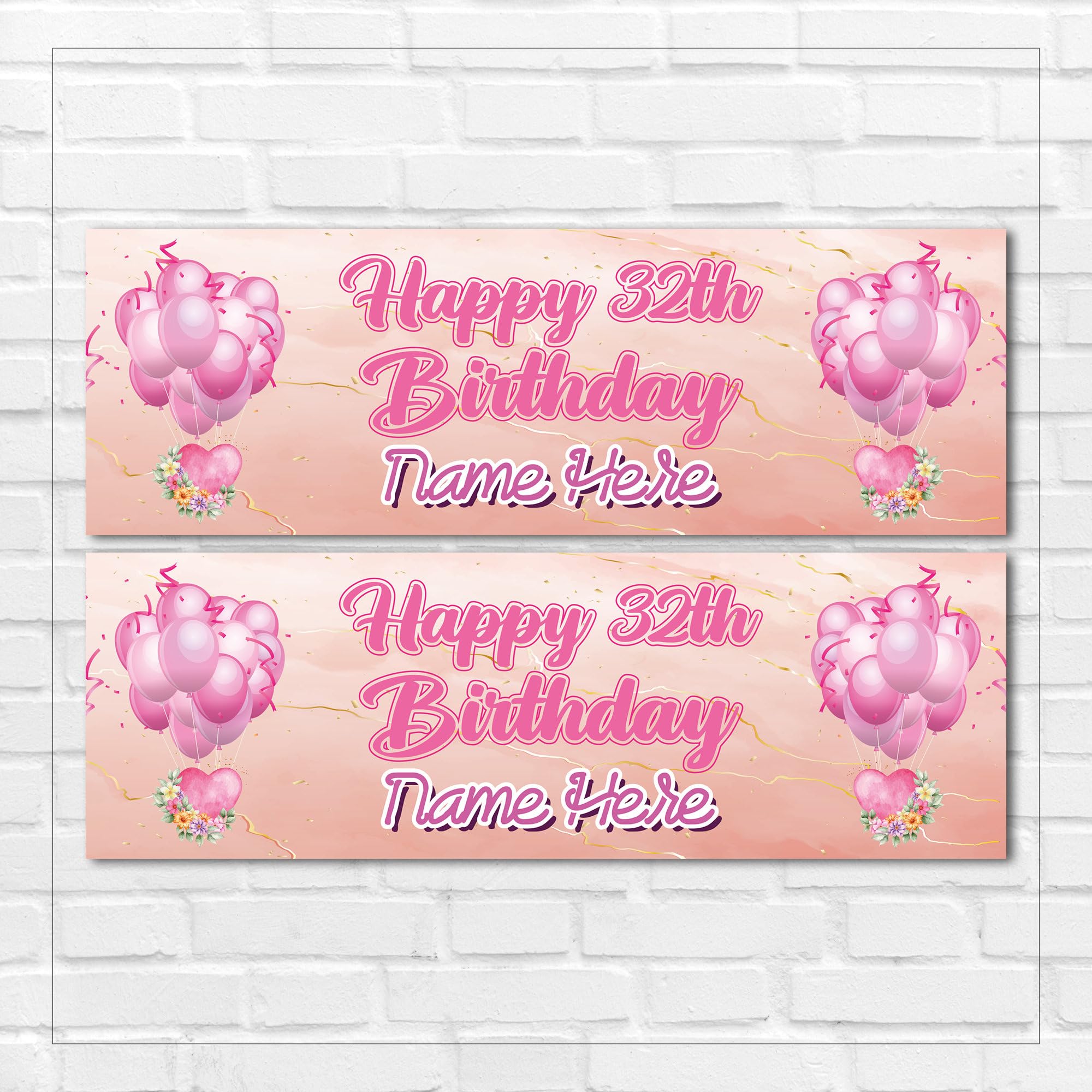 2 Pink Balloon Personalised Birthday Banners – Elegant Party Decoration Wall Decor (Suitable for Ages 14+) – Custom Any Name, Age or Message