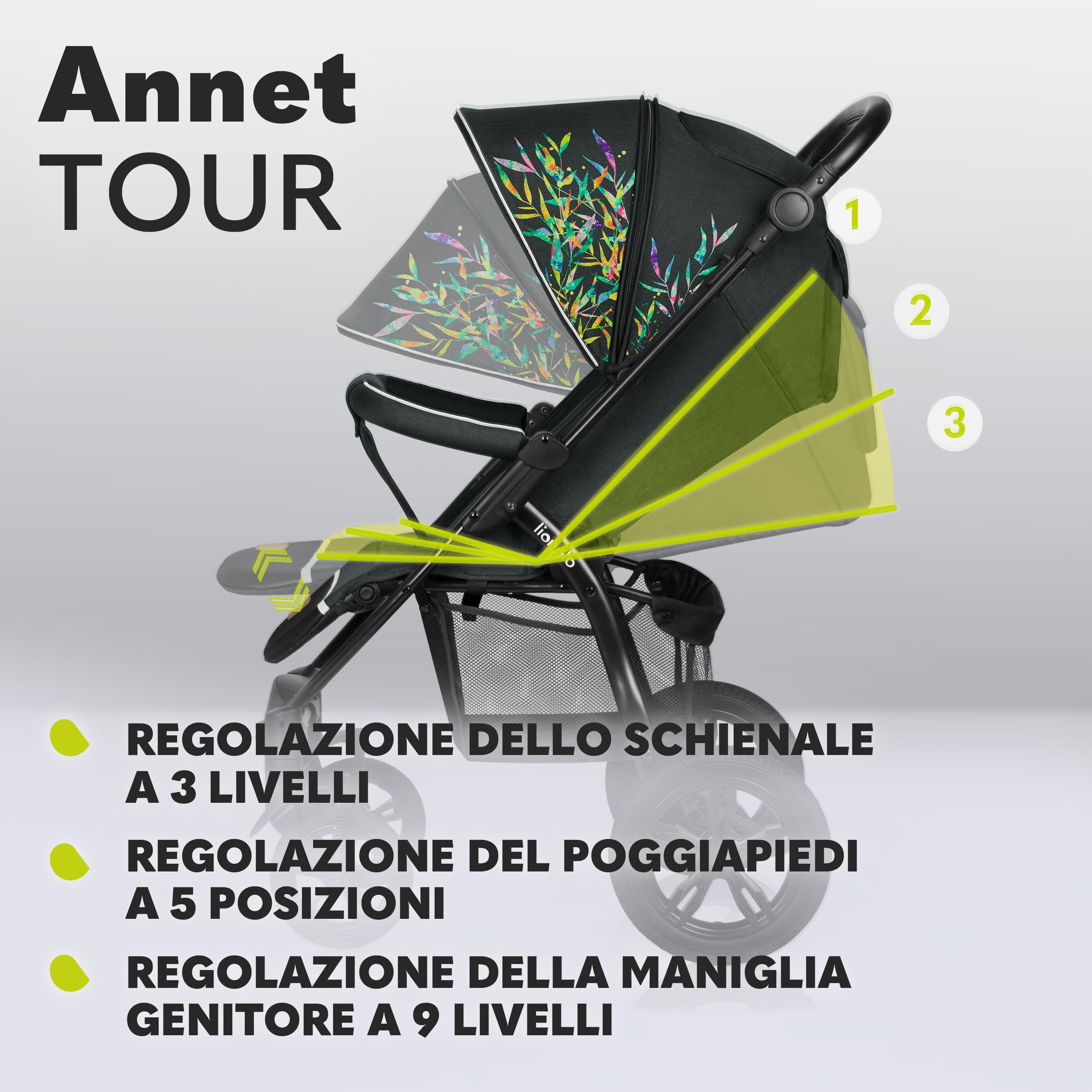 LIONELO Passeggino compatto per bambini dalla nascita fino a 22kg Pieghevole Completa regolazione Posizione sdraiata Cinture 5punti Grandi ruote Ammortizzazione Cappottina XXL (DREAMIN, ANNET TOUR) | , Posizione Sdraiata, Cinture a 5 Punti, Grandi Ruote A