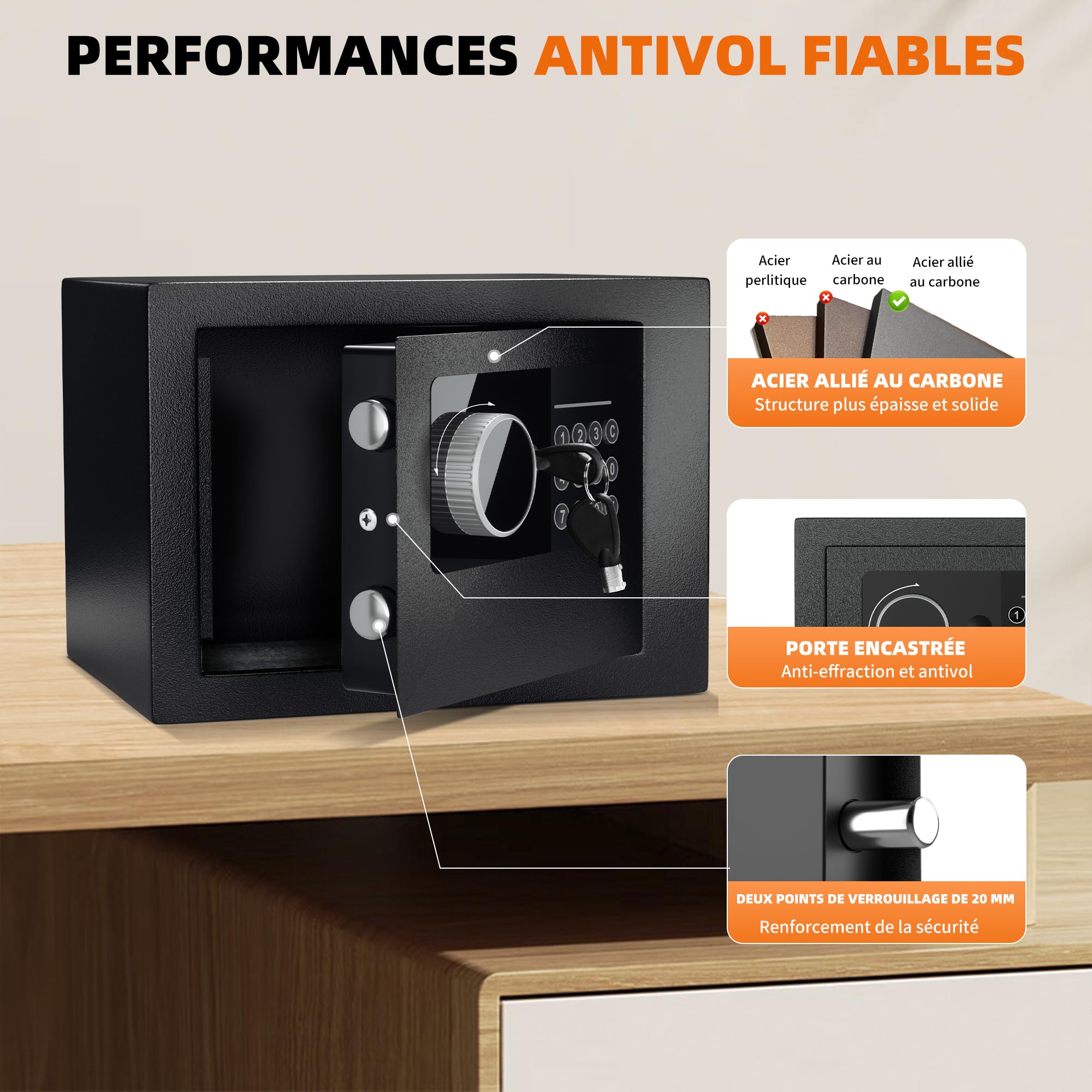 Petit Coffre Fort Électronique Numérique, Coffre-fort en Acier de 6.6L avec Serrure Électronique et 2 Clés, Coffre Fort Mural t pour Argent Bijoux Documents Noir