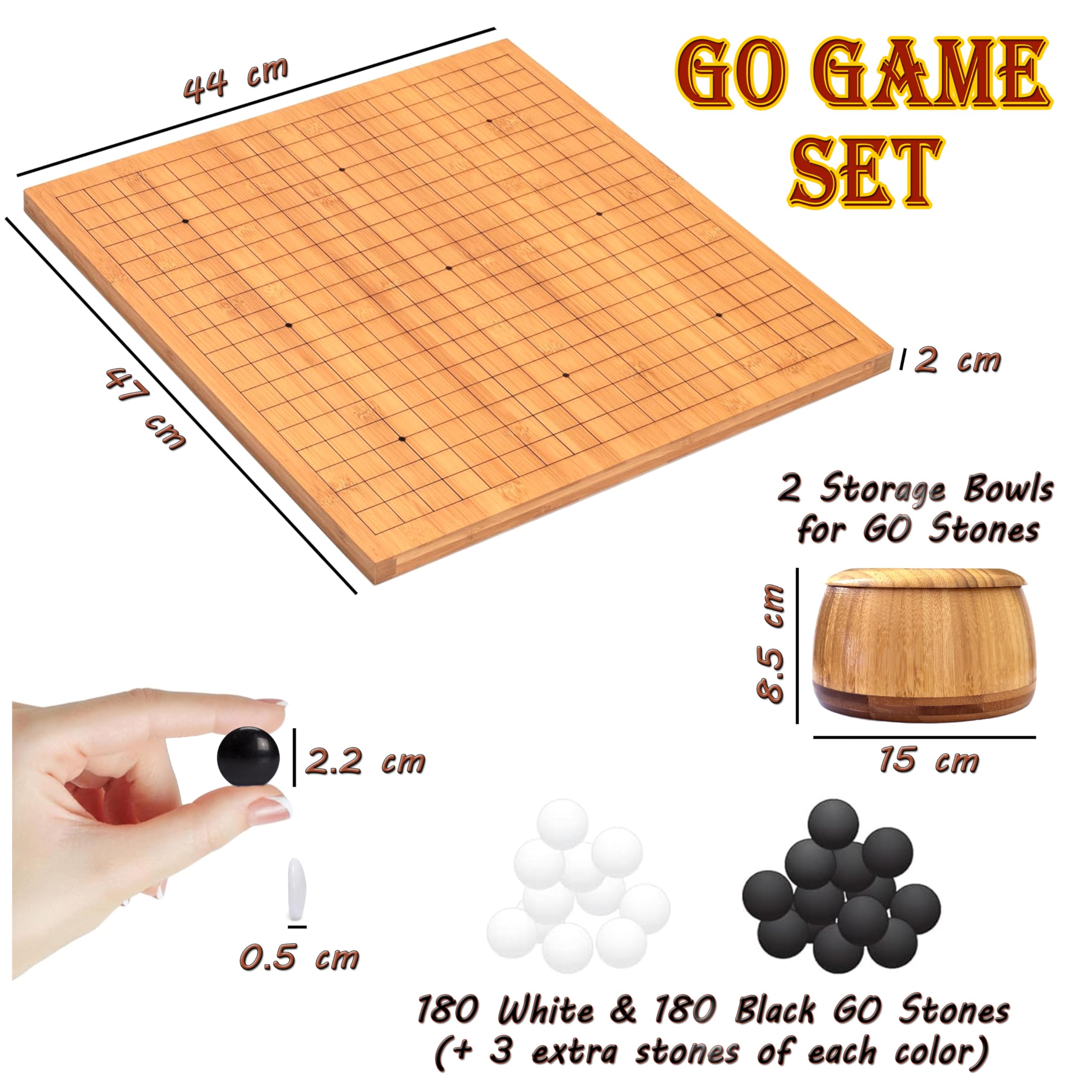 Oasis: Wendbares 19x19 / 13x13 Bambus GO-Spiel-Set mit 2-cm Bambusbrett, edlen Bambusbehältern und Mono-konvexen Steinen aus Kunstharz - klassisches Strategie Brettspiel. Perfektes Ostergeschenk.