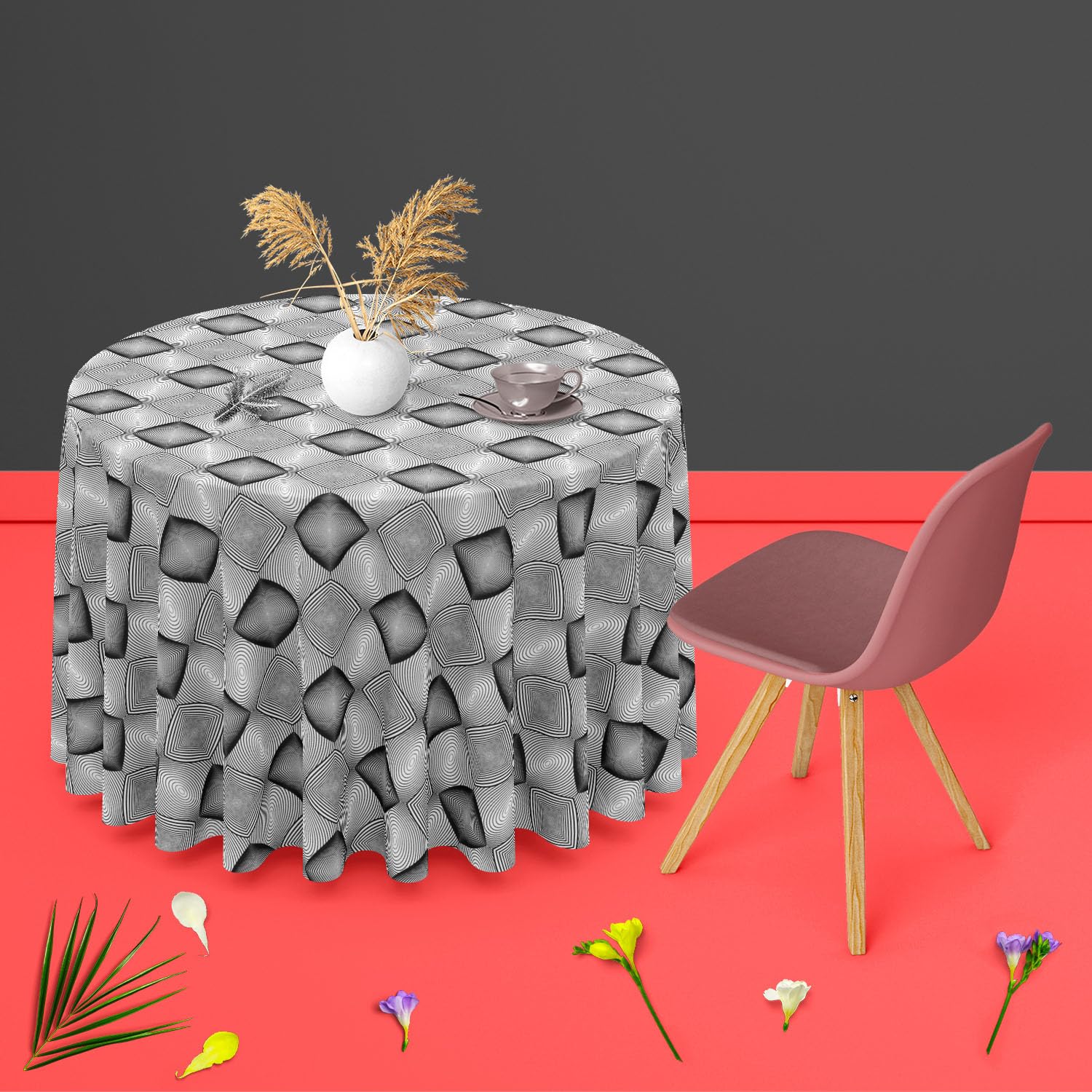 ArtzFolio Monochrome Squares | Table Cloth Cover for Dining & Center Table | Cotton Canvas Fabric | 8-Seater Table; 54 inch (137 cms) Diameter